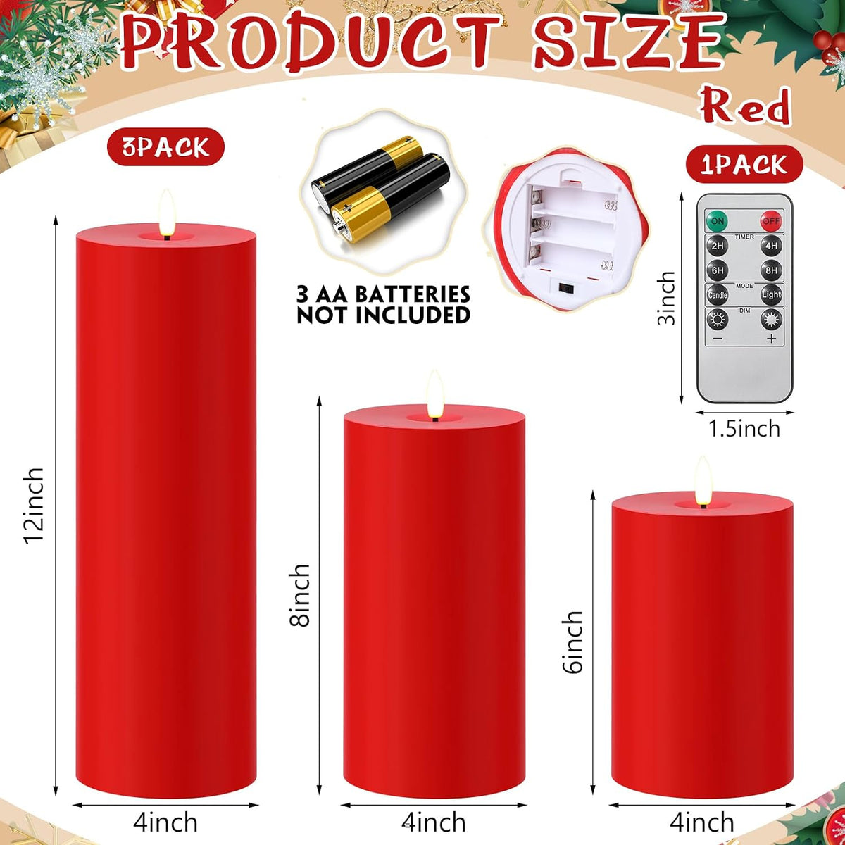 3 Pcs 6/8/12 Inches Thanksgiving Flameless LED Candles with Remote and 2/4/8h Timer Red Battery Operated Wax Flickering