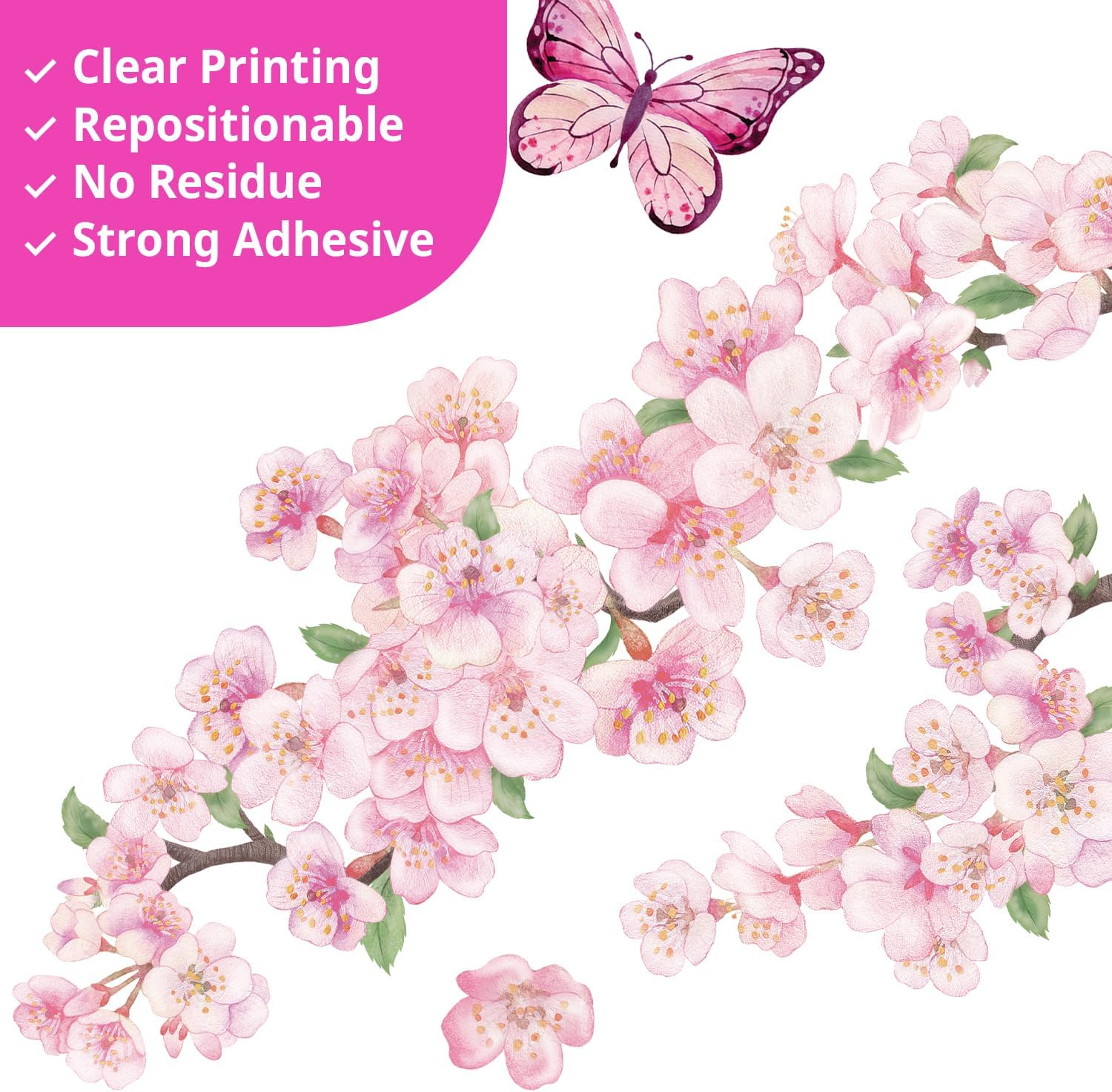 SG2-2427 and Bird Wall Stickers Cherry Blossom Tree Branch Decals Bedroom Living Room / Pink Flowers