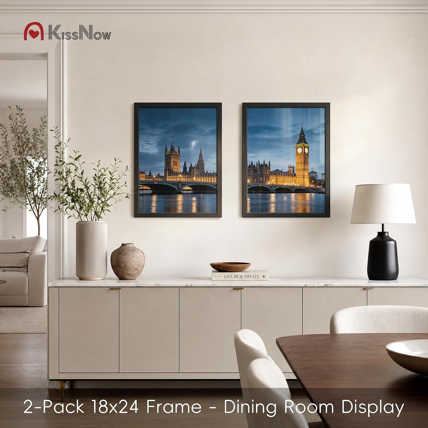 18x24 Poster Frame, Black Solid Wood, 2 Pack, Wall Hanging for Art | Thick & Wide Border, HD Plexiglass, Horizontal or