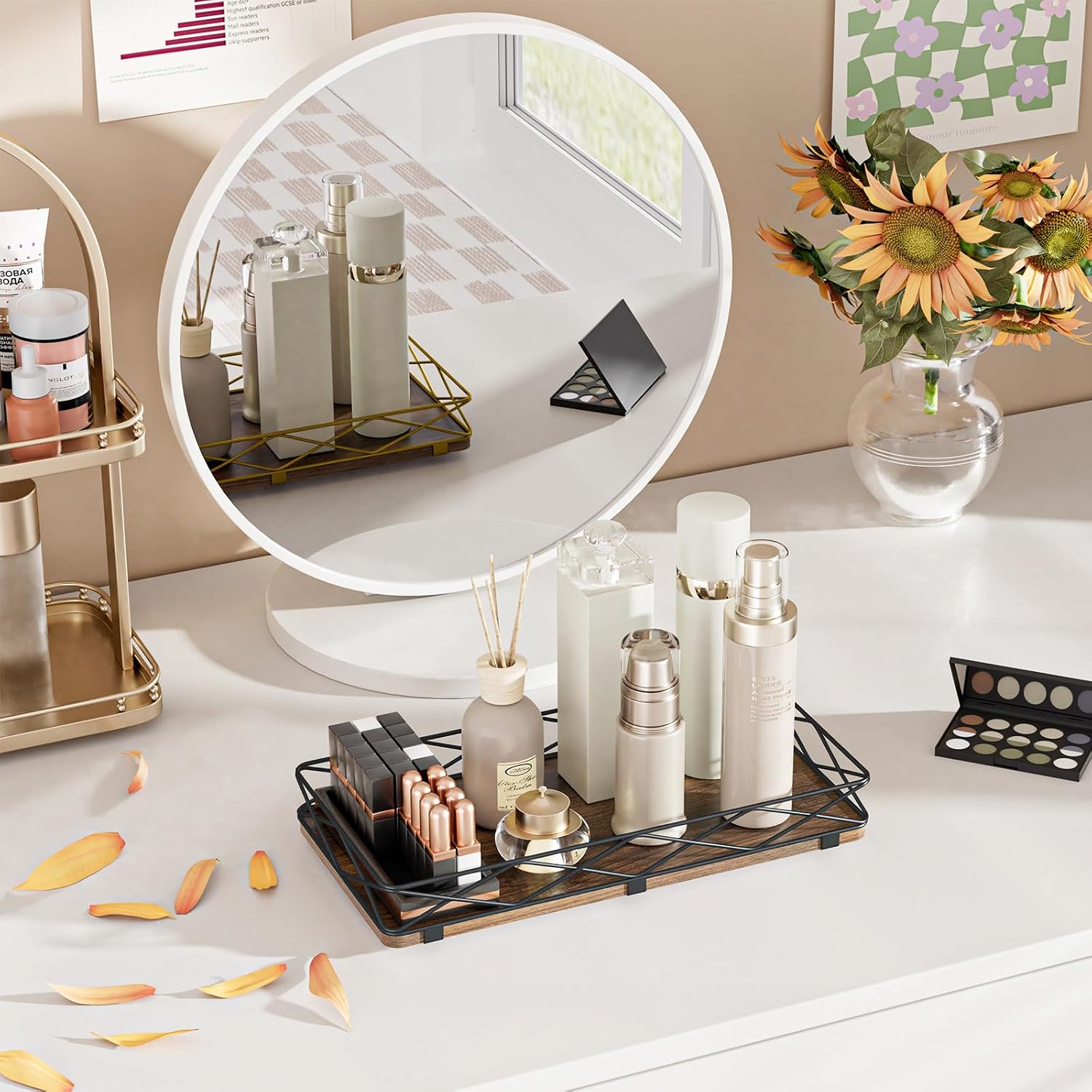 Wood and Metal Toilet Tray Vanity Organizer Bathroom Tray / Brown+black