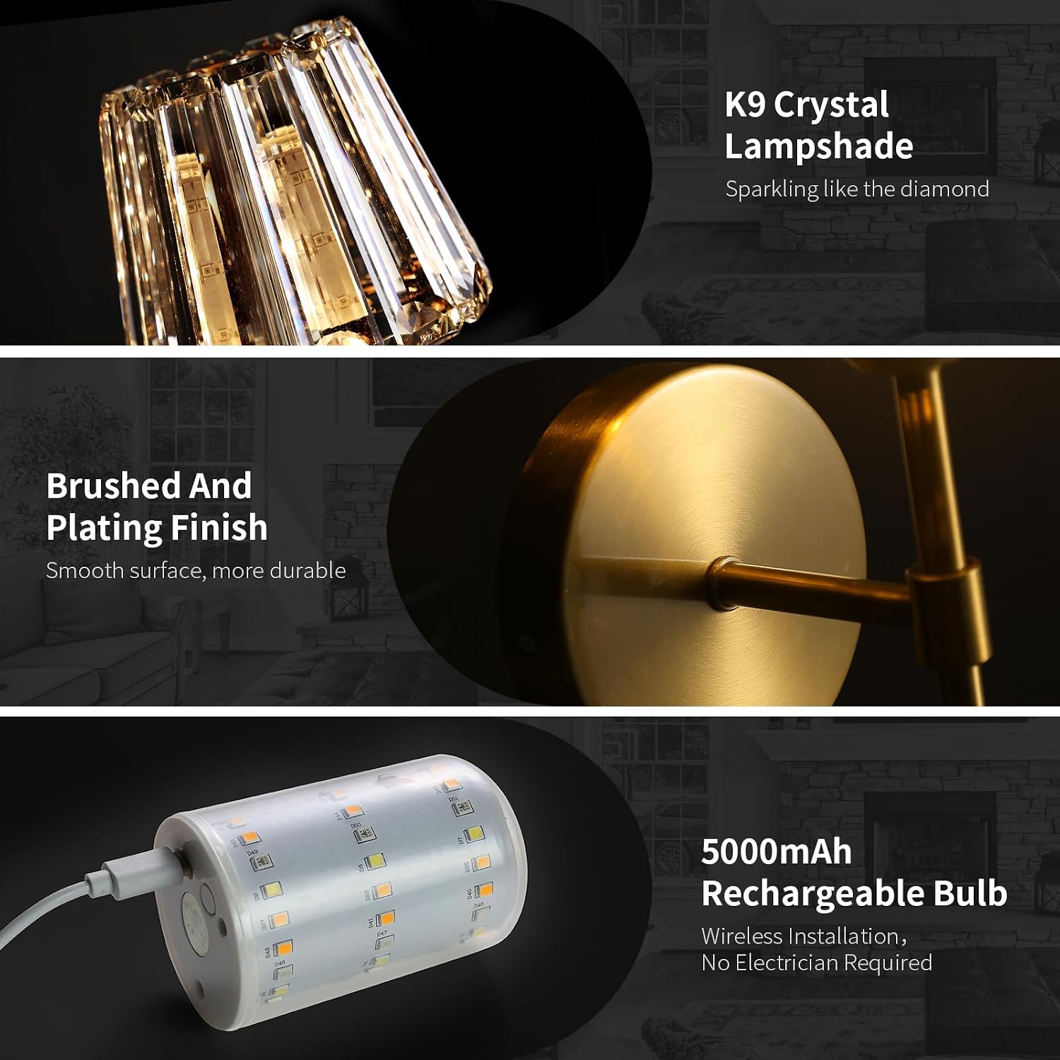 Battery Operated Crystal Wall Sconce Set of 2, Gold Rechargeable Wireless Wall Sconces with Remote Dimmable 12 Colors