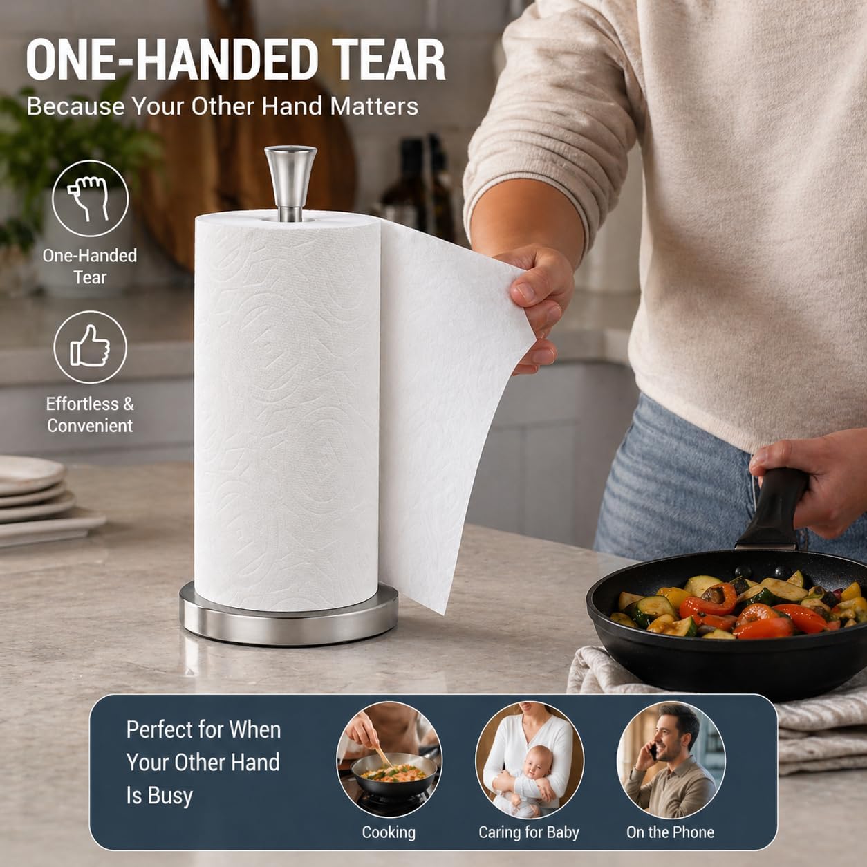 Paper Towel Holder Countertop with Suction Cups - Heavy Duty (2.9 lbs) Stainless Steel Paper Towel Dispenser, One-Hand