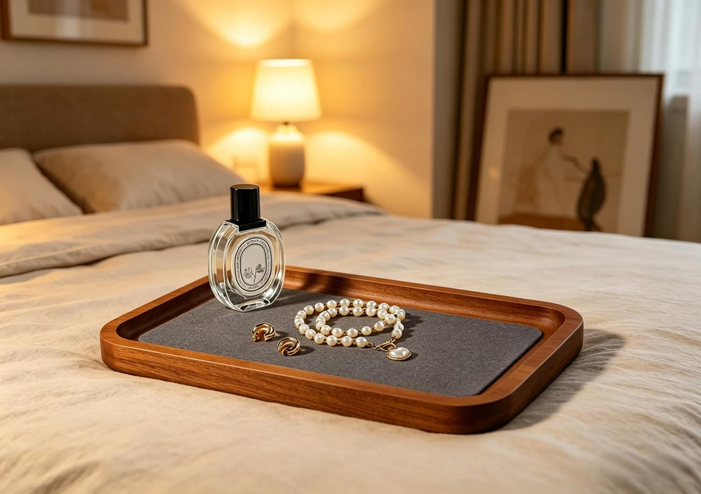 Wooden Jewelry Display Tray Rounded Rectangle Ring Showcase / Gray / Medium-w 3.9'' x H 0.6'' x L 7