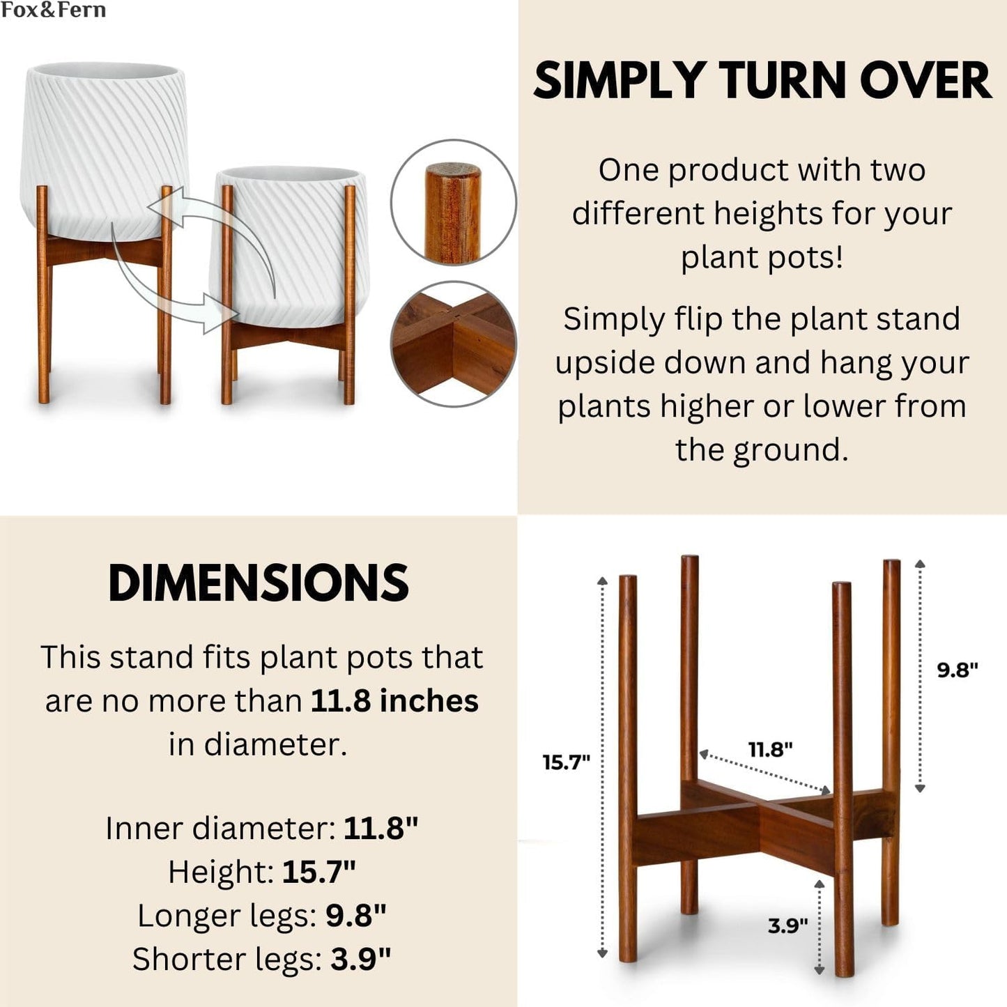 Fox & Fern Mid Century Plant Stands for Indoor Planters, Acacia, 11.8 Inch | Plug In Design, Holds 200 lbs, Two High