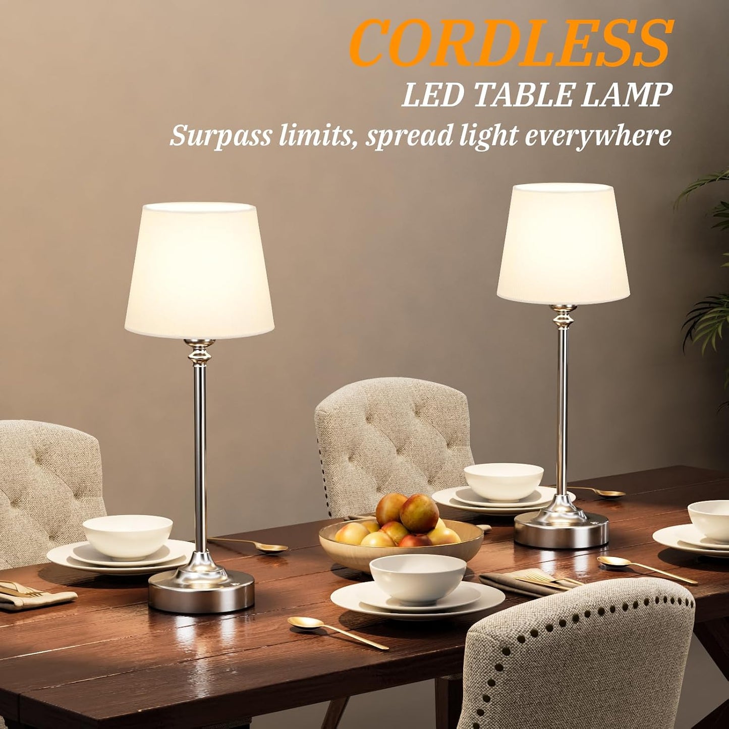 Kakanuo Cordless Table Lamps Rechargeable Set - 2 Pack Silver 4000mAH Battery Operated Lamps for Decor, 3000K Stepless