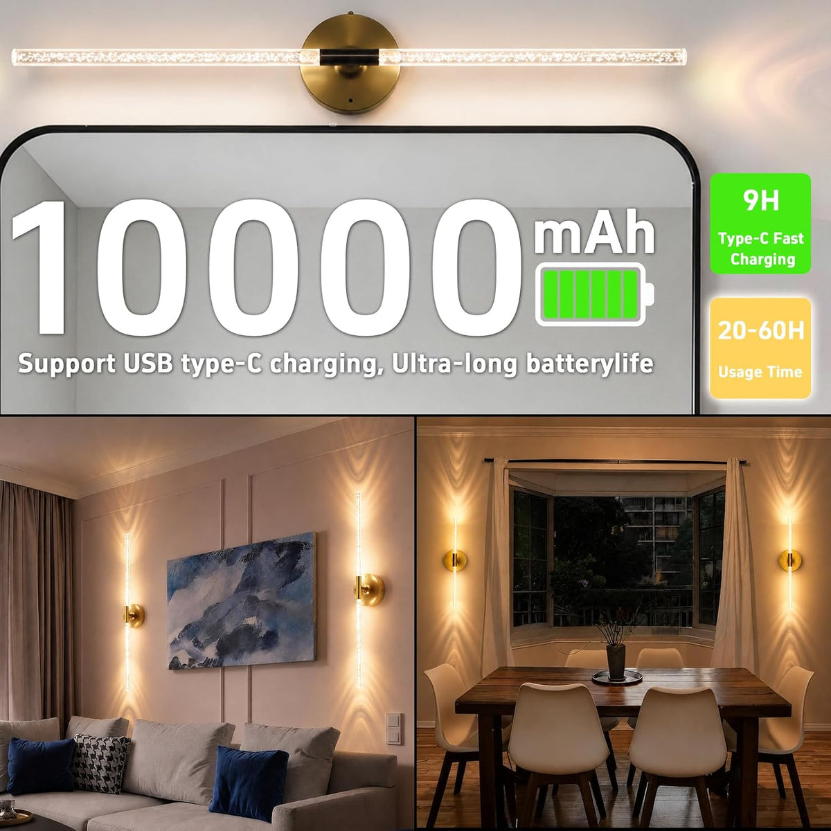 Rechargeable Wall Lights Battery Operated Sconce 2Pack(Gold Bubble Crystal) | 10000mAh Wireless Wall Lights With Touch