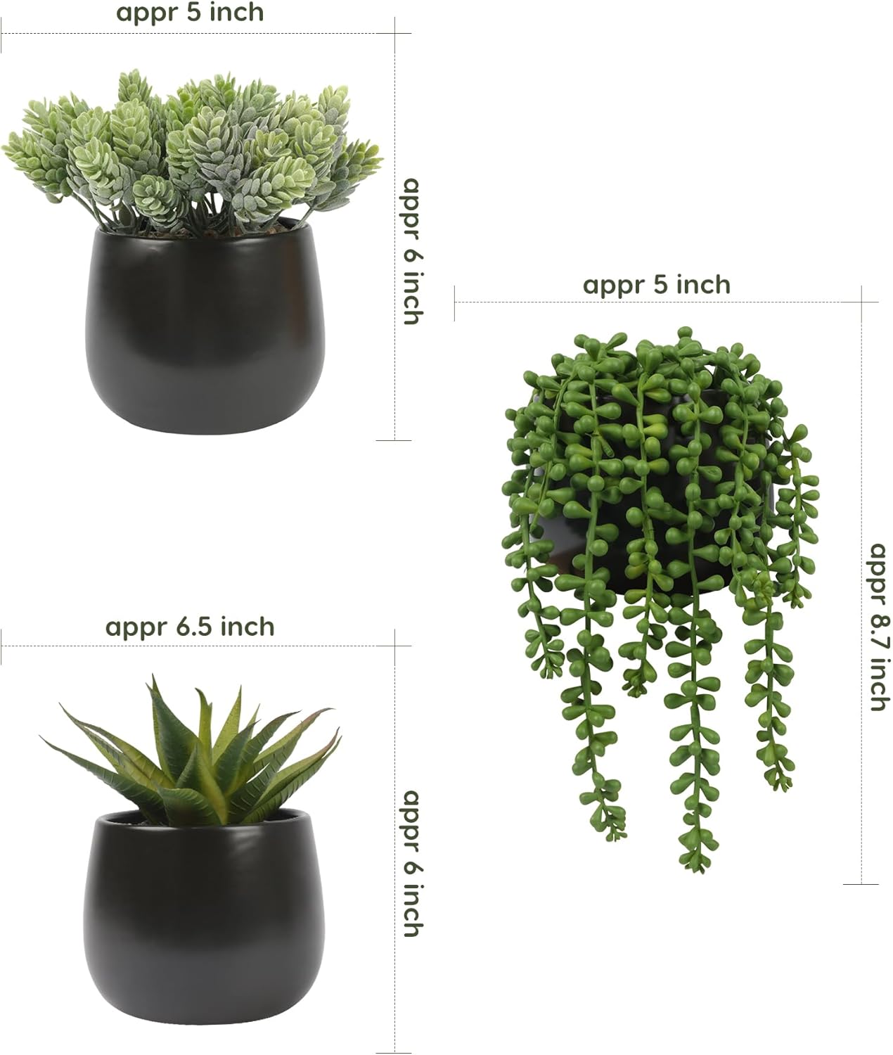 Artificial Succulents Plants in Pots / Black / Set of 3