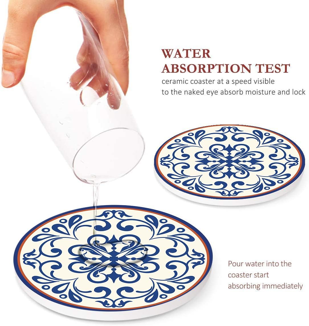 Vintage Floral Absorbent Round Ceramic Stone Mat / Spanish Ceramic / Blue / Set of 6