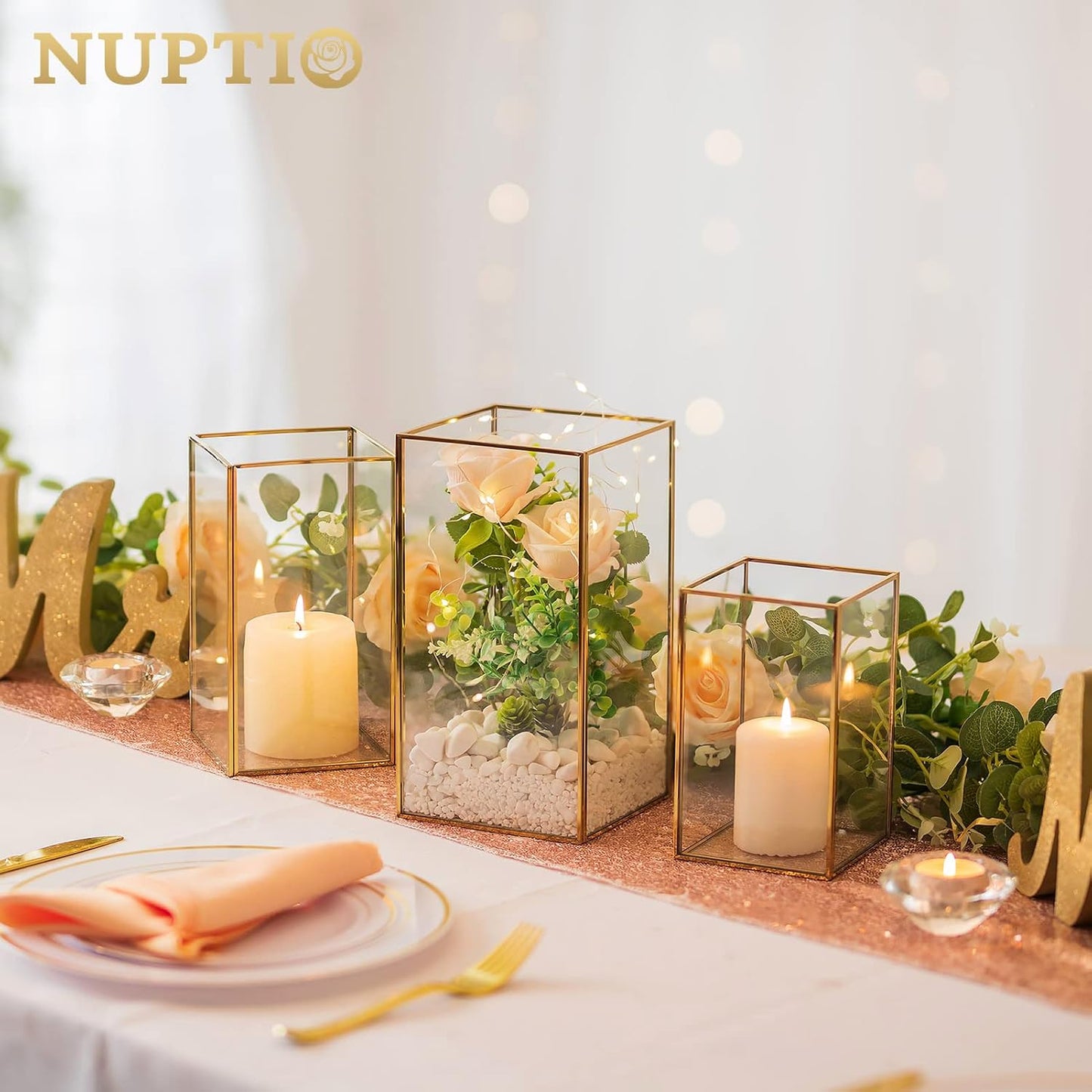 Nuptio Glass Hurricane Candle Holder Set of 3 Gold Pillar Candle Holders Large Rectangular Candleholder Table