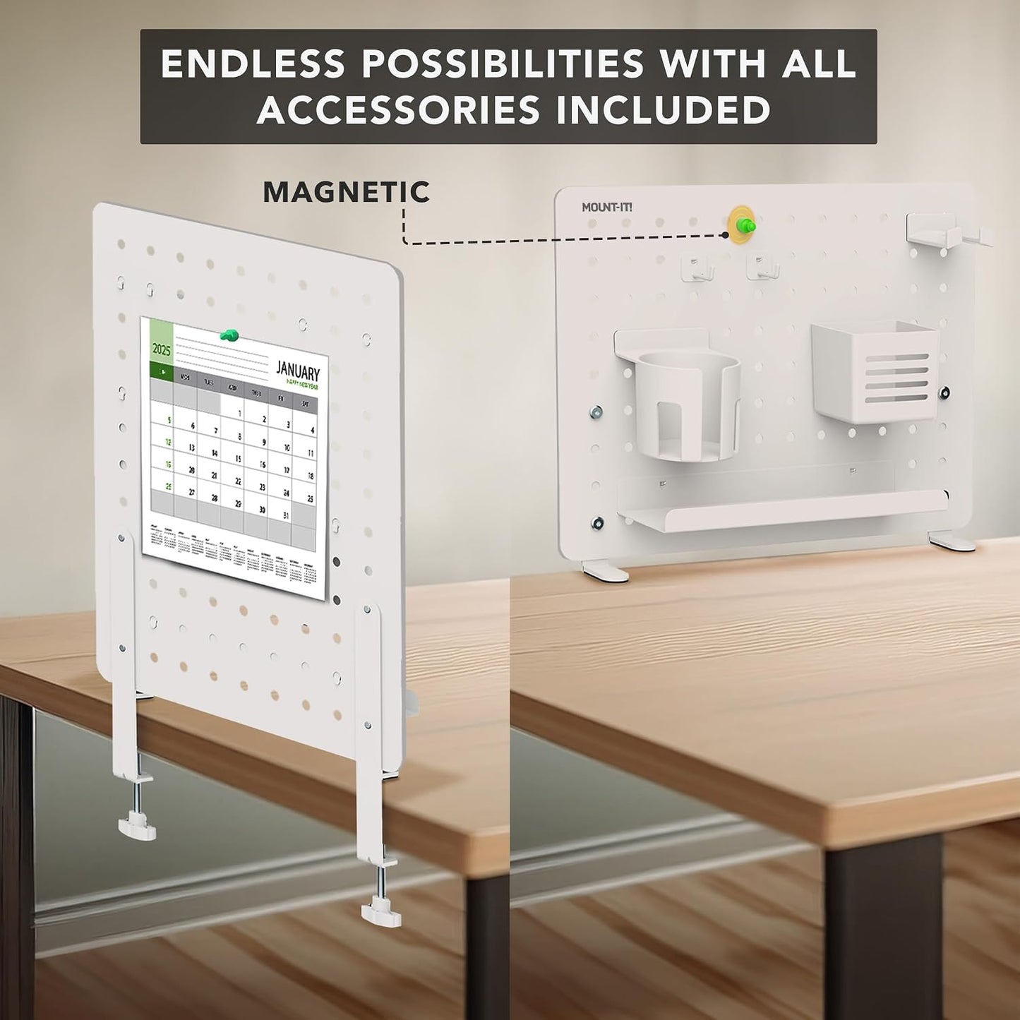 Mount-It! Clamp-On Desk Pegboard Organizer, White | Adaptable desk storage with shelf, cup holder & hooks for home