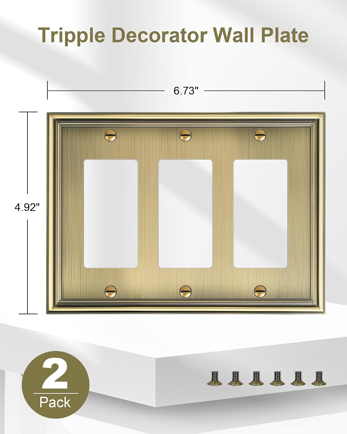 2-Pack Zinc Alloy Tripple Decorator Outlet Cover Plate, Solid Switch Cover | Durable Wall Plates for Electrical