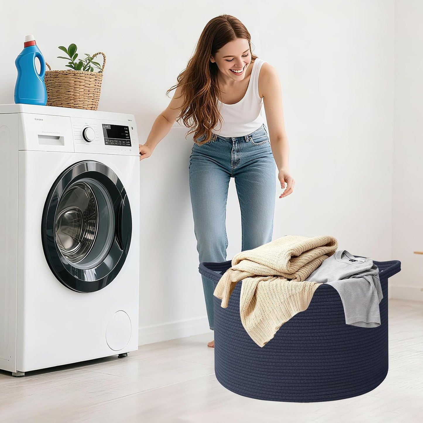 Woven Rope Laundry Basket Hamper / Dark Blue / 19.7"L x 19.7"W x 13"H