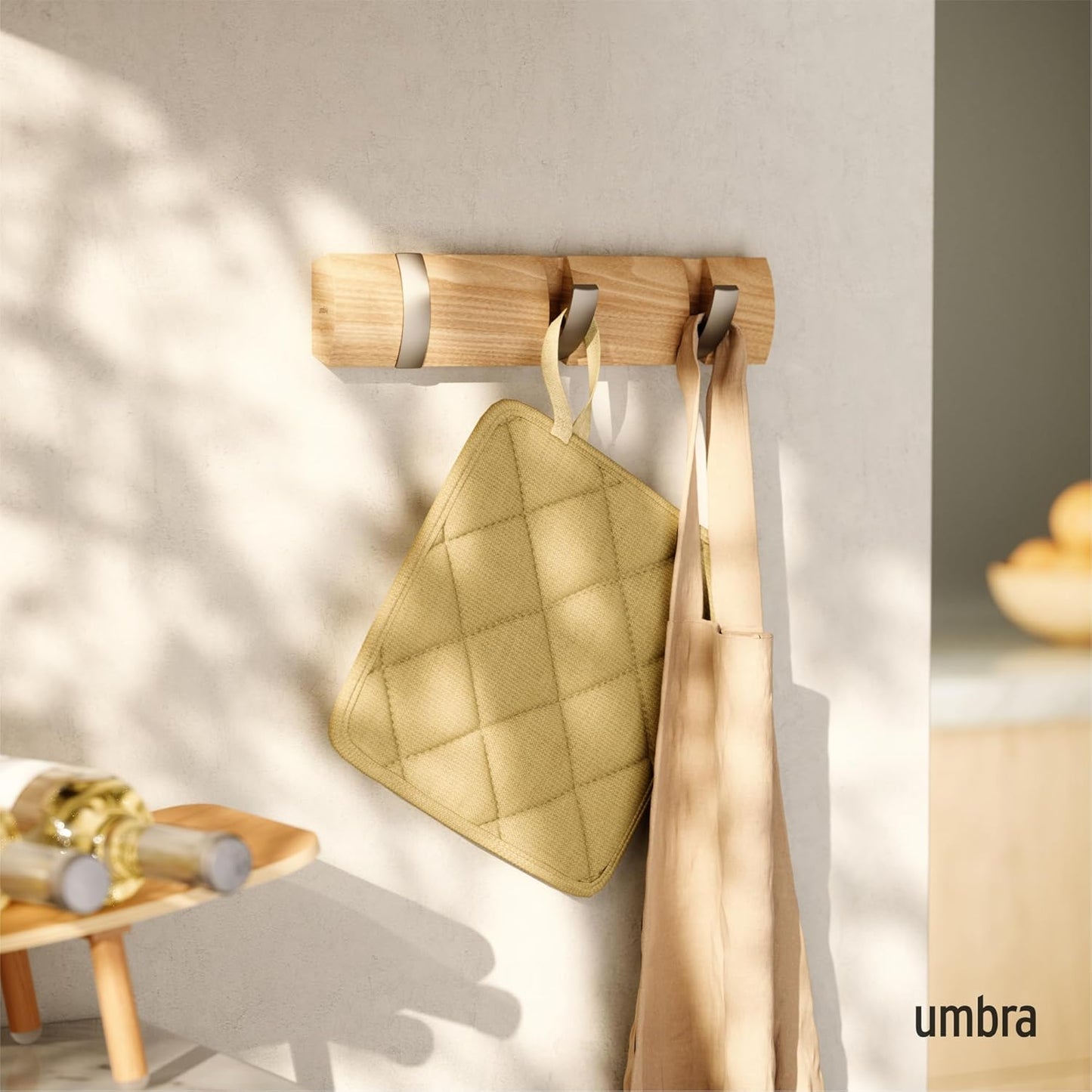 Umbra Flip Coat Rack, Wall Mount Retractable Hooks, 3-Hook, Natural/Nickel | Real wood and steel build, folds flat when
