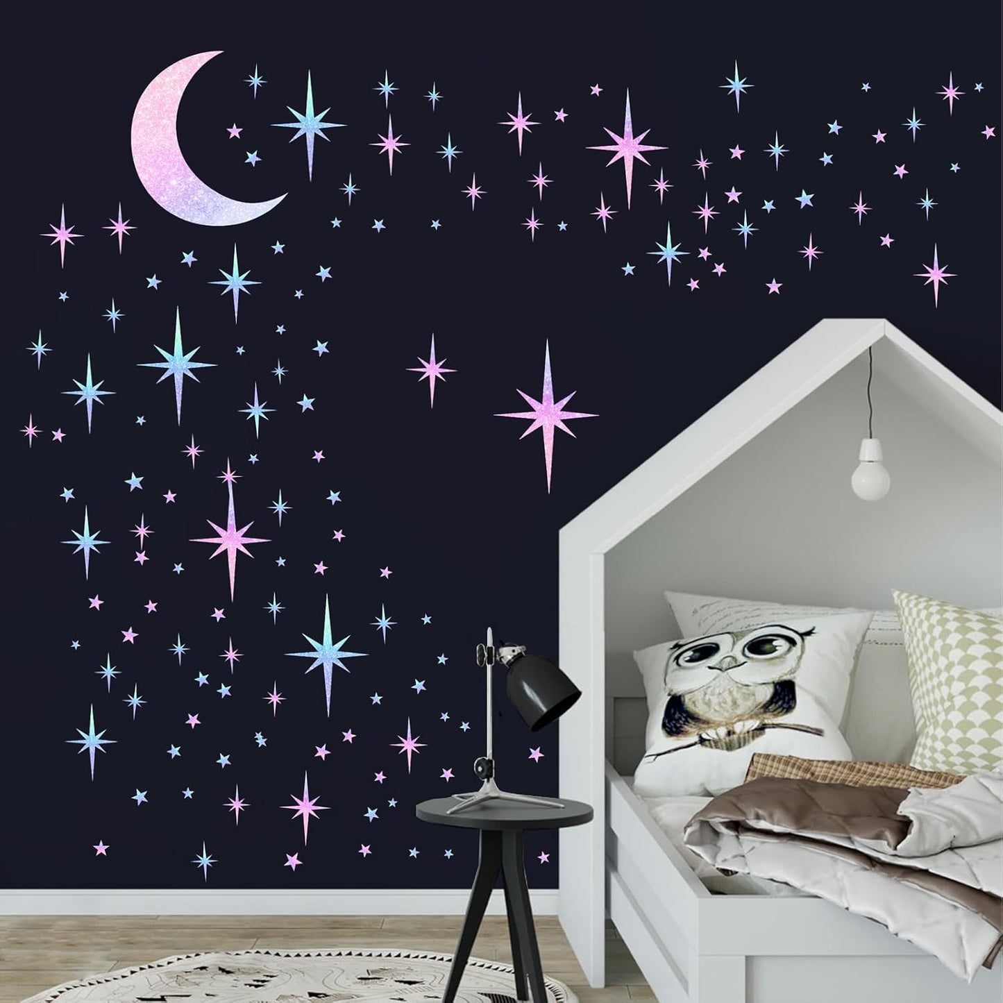 Retro Star Wall Decals Sparkle Wall Decal Peel and Stick Rainbow Star Moon Stickers / Colorful Satr