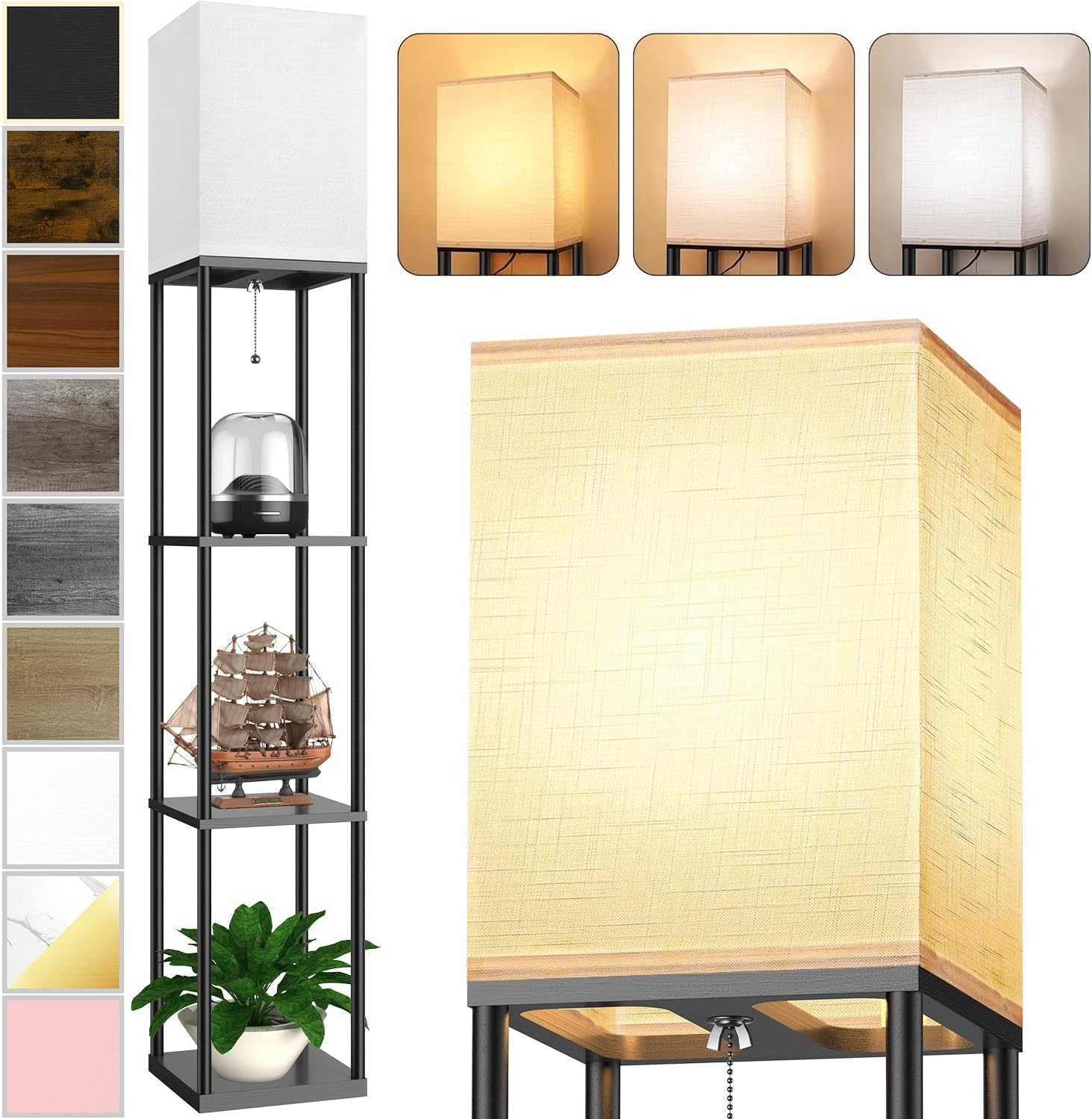 Floor Lamp with Shelves for Living Room, Shelf Floor Lamp with 3 CCT LED Bulb, Corner Display Standing Column Lamp