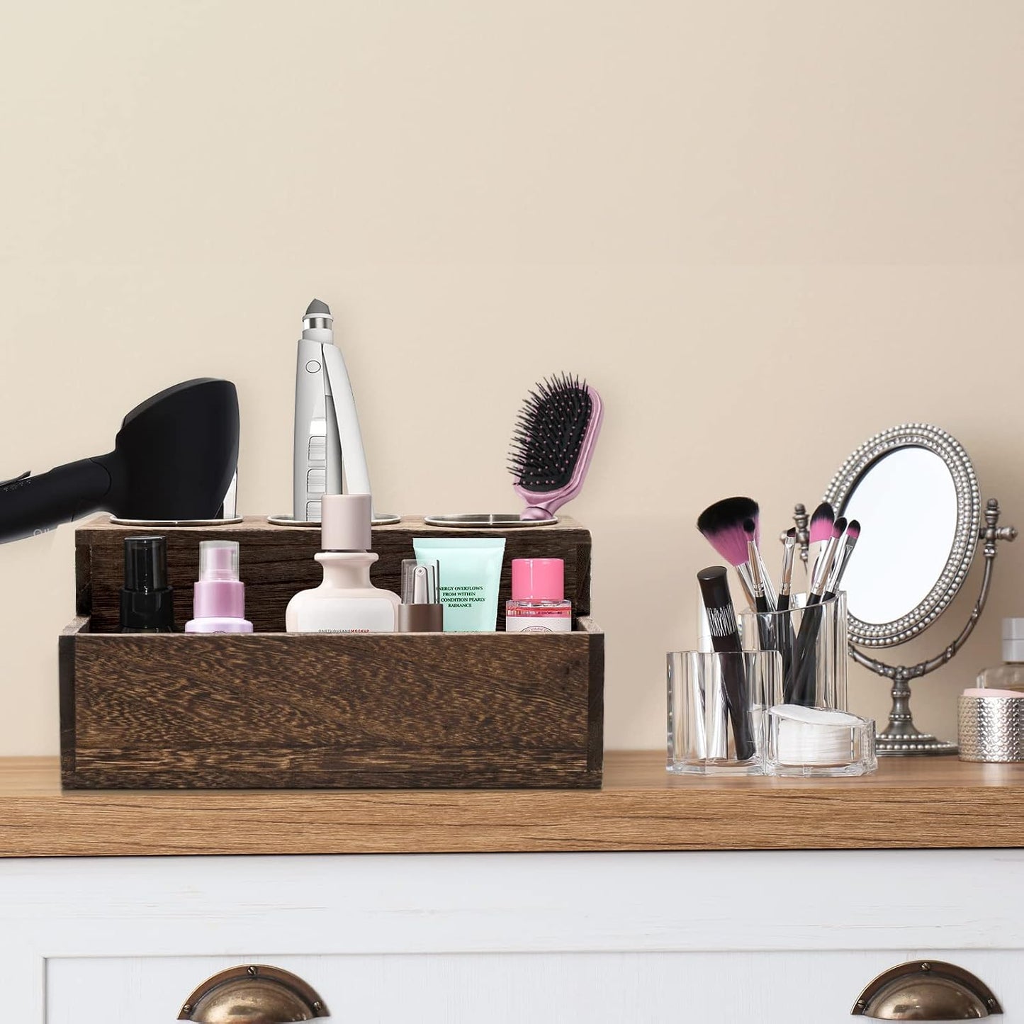 Wooden Hair Dryer Holder - Rustic Hair Tools Organizer with 3 Circular Holes and 1 Compartment, Wooden Hair Accessories