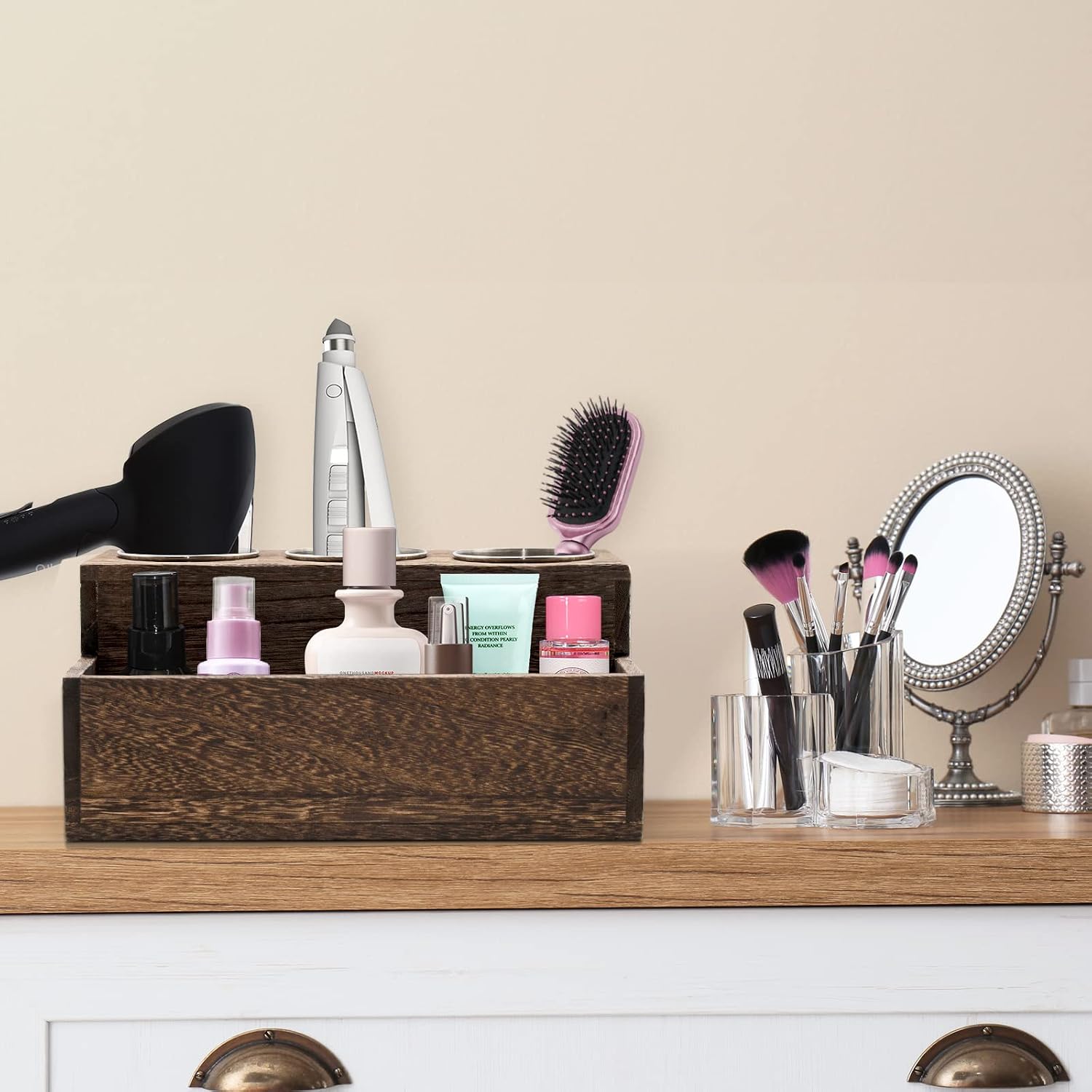 Wooden Hair Dryer Holder - Rustic Hair Tools Organizer with 3 Circular Holes and 1 Compartment, Wooden Hair Accessories