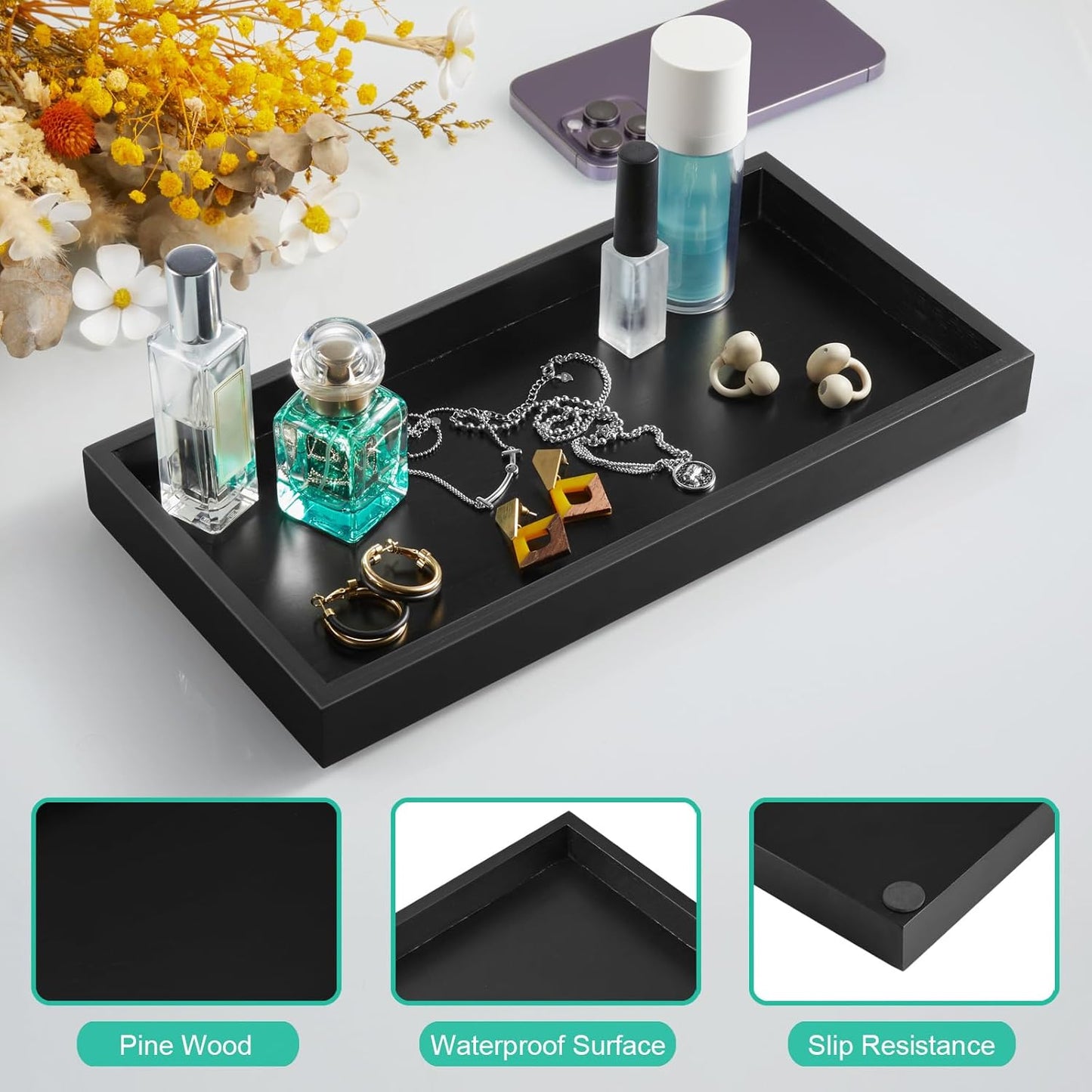 Wood Tray for Toilet Tank Makeup Perfume Jewelry Catchall Coffee / 6.5 x 1.2 x 13 / Black