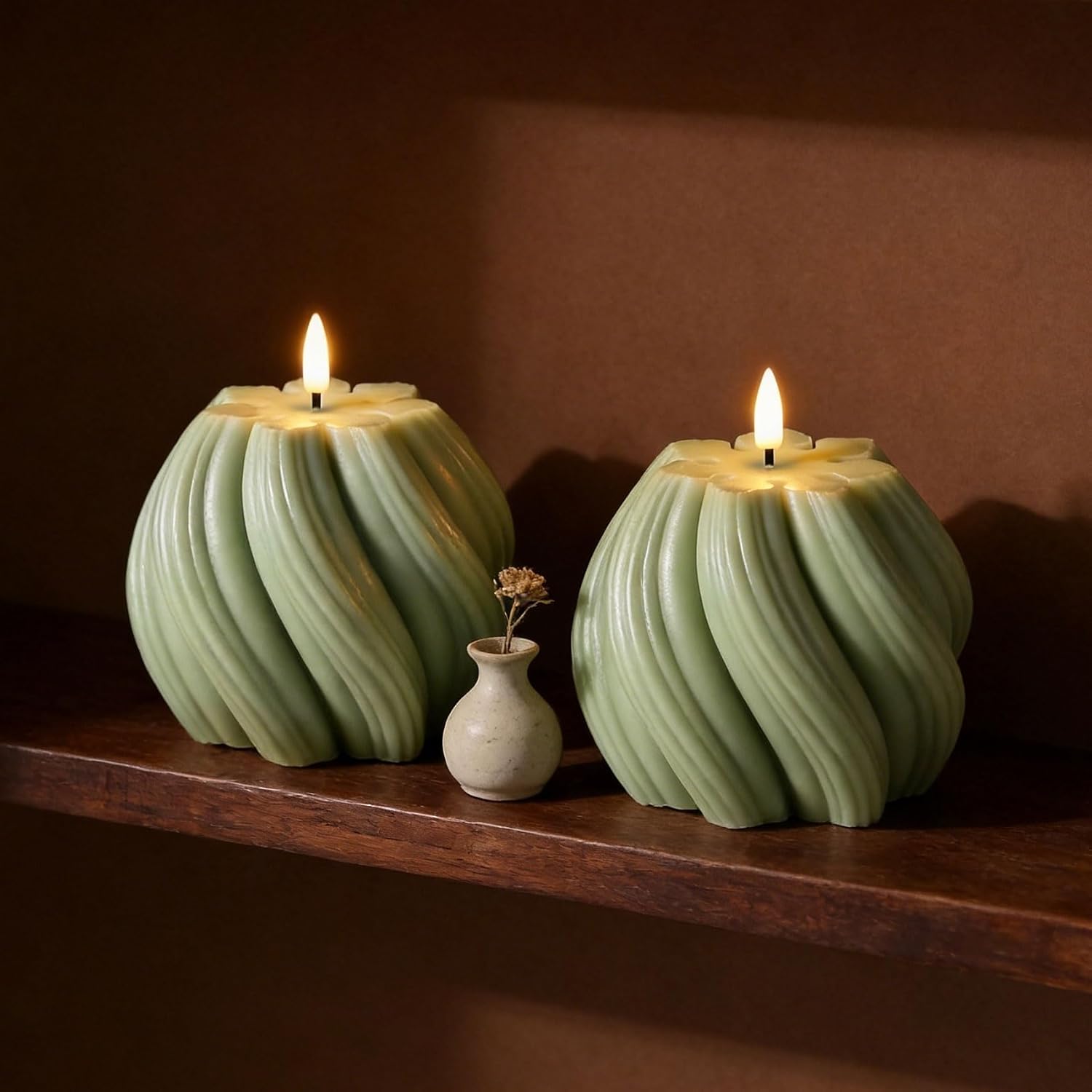 Swirl Flameless Candles / Sage Green / Set of 2