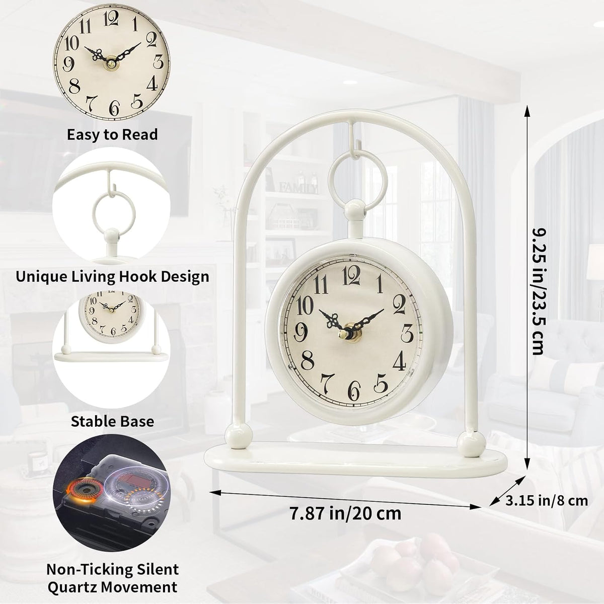 Vintage Small Table Clock, Farmhouse Table Clock, Silent Non-Ticking Battery Operated Desk and Shelf Clocks for Living