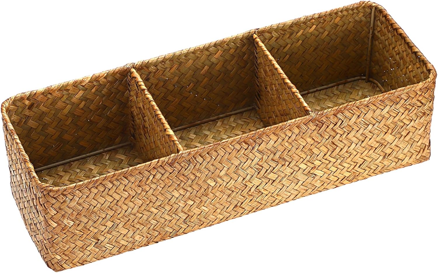 Handwoven Seagrass Storage Basket 3 Sections Toilet Tank Paper Organizer / Large / Caramel