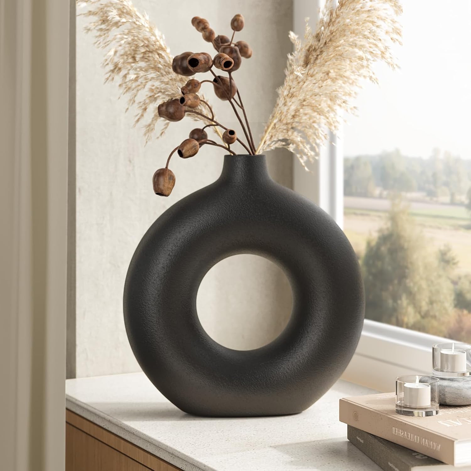 Minimalist Donut Ceramic Vase- Boho Hollow Flower Vases / Large - 9''h / Black / 9 Inch
