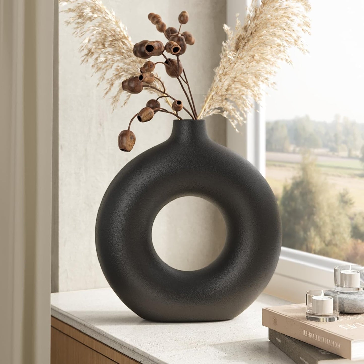 Modern Minimalist Hollow Ceramic Vase for Pampas Grass / Small - 5.7''h / Black
