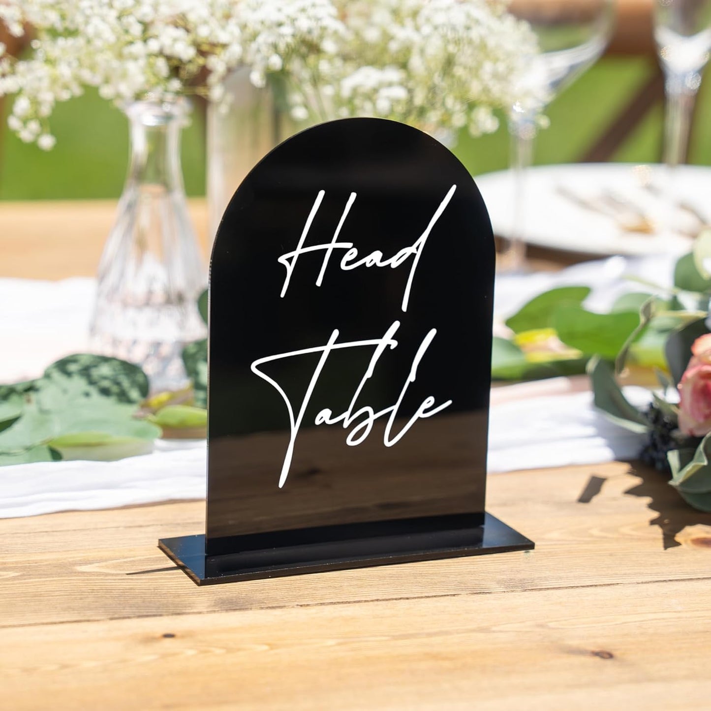 Black Arch Acrylic Table Numbers for Wedding Reception - 5" x 7" White Font Centerpiece Set with Holder Stands & Head