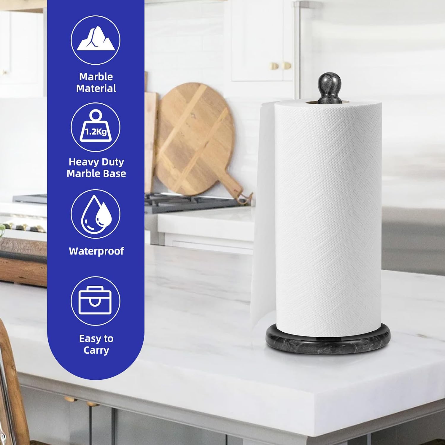 Natural Marble Paper Towel Holder for Kitchen Countertop - 2.6 lbs Heavy Duty Weighted Base for One-Handed Tearing