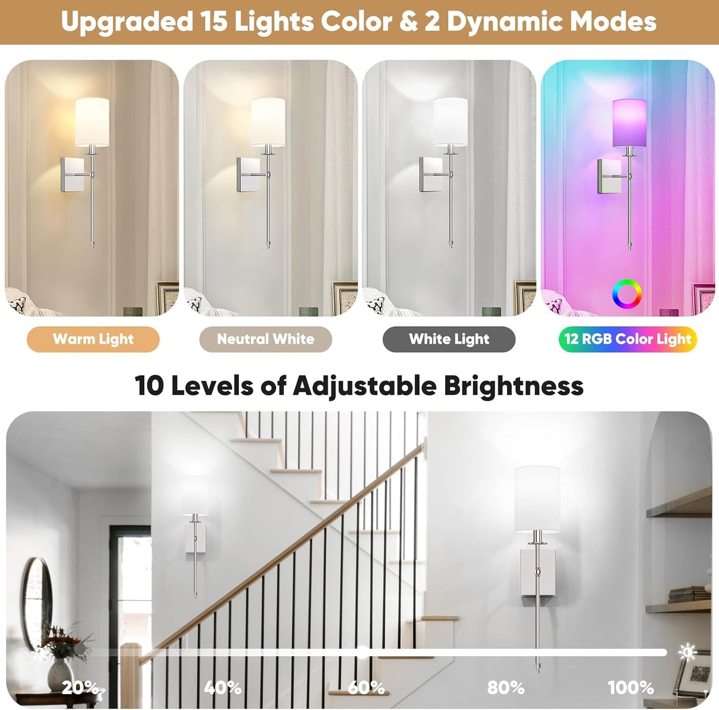 24 Inch Battery Operated Wall Sconces Set of 2 with Remote, Brushed Nickel Rechargeable Wireless Wall Lights with White