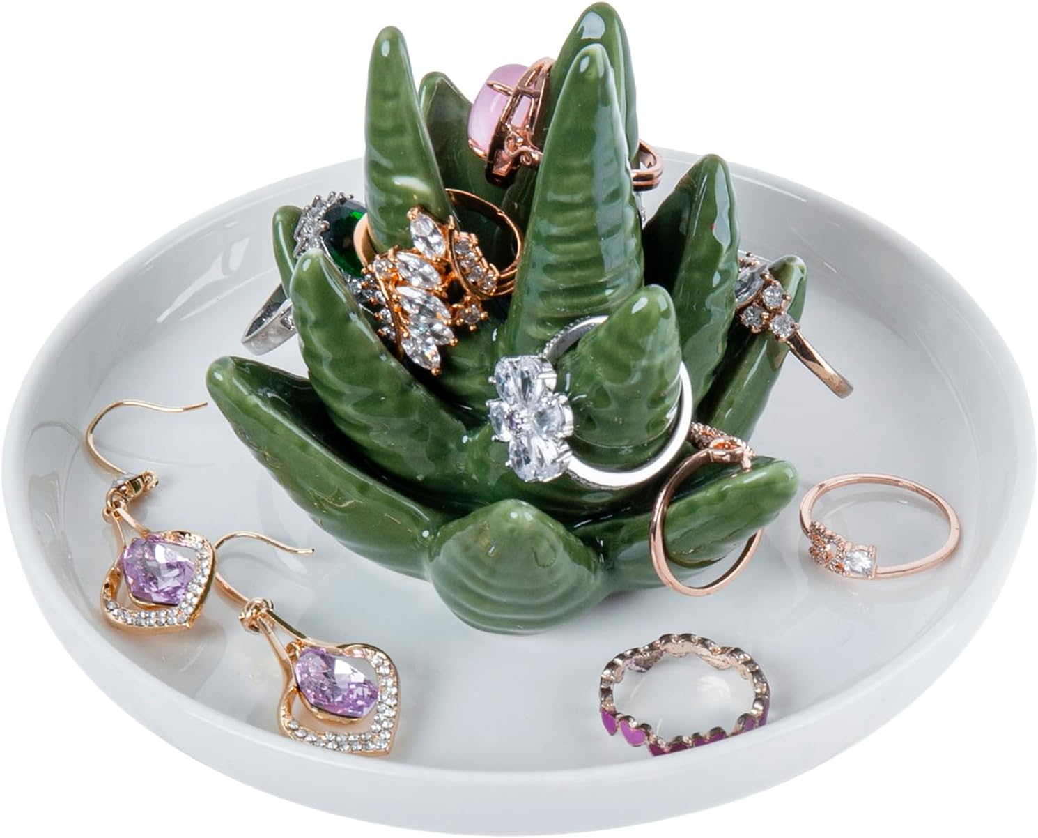 Decorative Ceramic Ring Tray for Jewelry / Ceramic Aloe / White