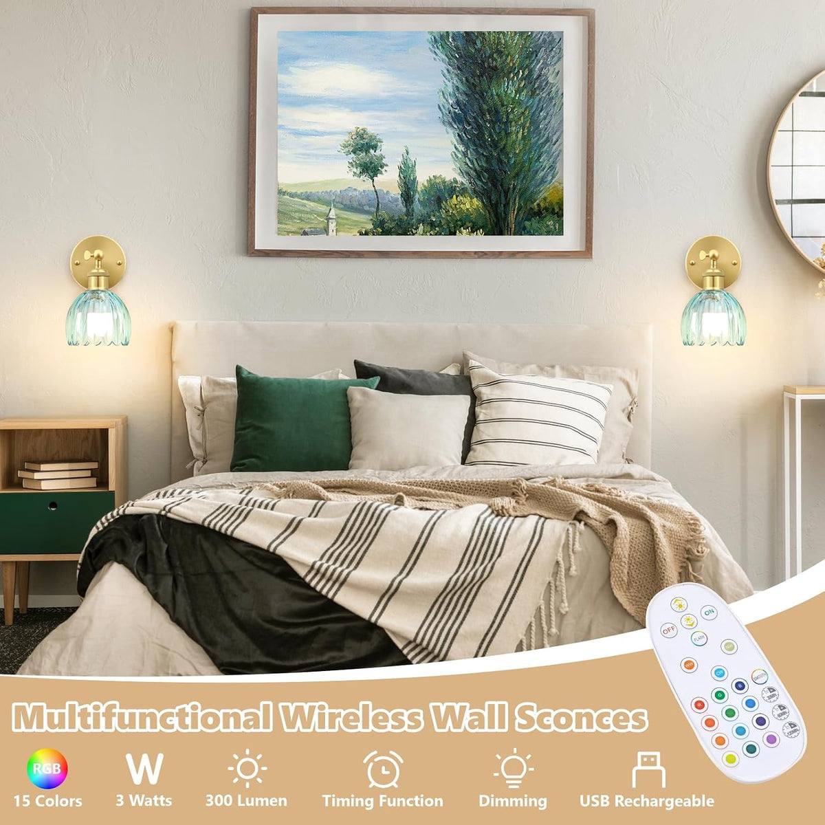 Vintage Battery Operated Wall Sconce, Sky Blue Tulip Glass Lampshade Wireless Rechargeable Battery Powered LED Wall