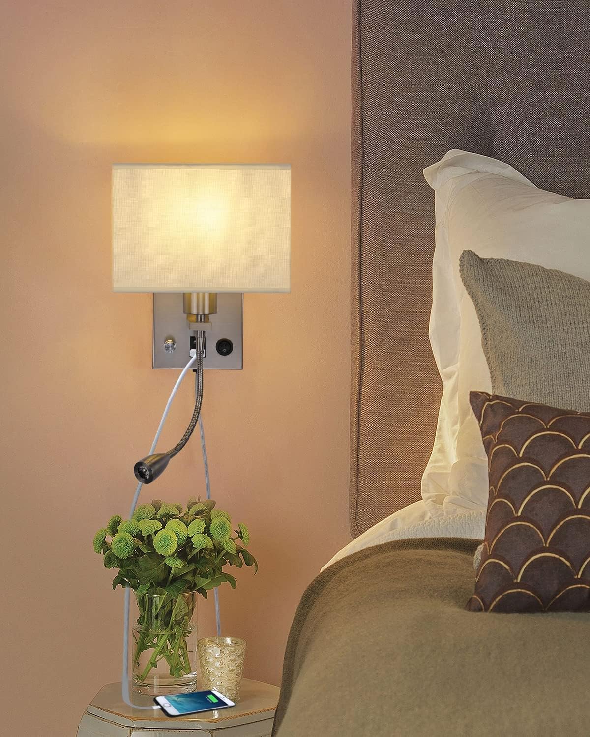 2-Pack Bedside Lights, Plug in Wall Sconce with Two USB Charging Ports, Dimmable Reading Lamp with Fabric Shade and