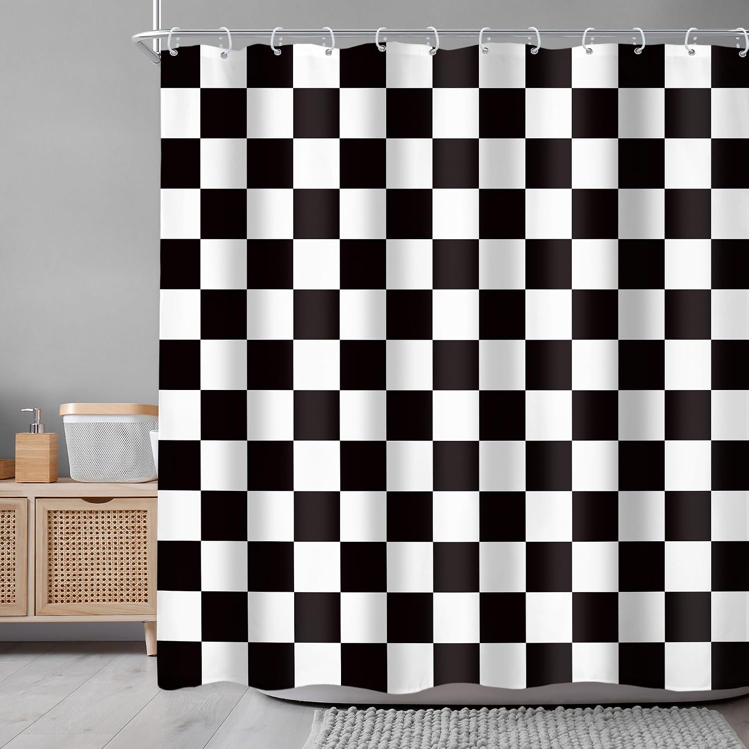 Checkered Shower Curtain L Black and White Kids Boys / 01 Black White / 72"W x 72"L / 72 x 72