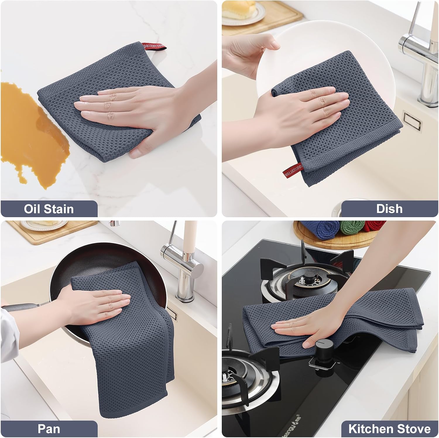 Homaxy 12 Pack 100% Cotton Kitchen Towels and Dishcloths Set, Dark Grey | 12 x 12 Inches and 13 x 28 Inches Kitchen