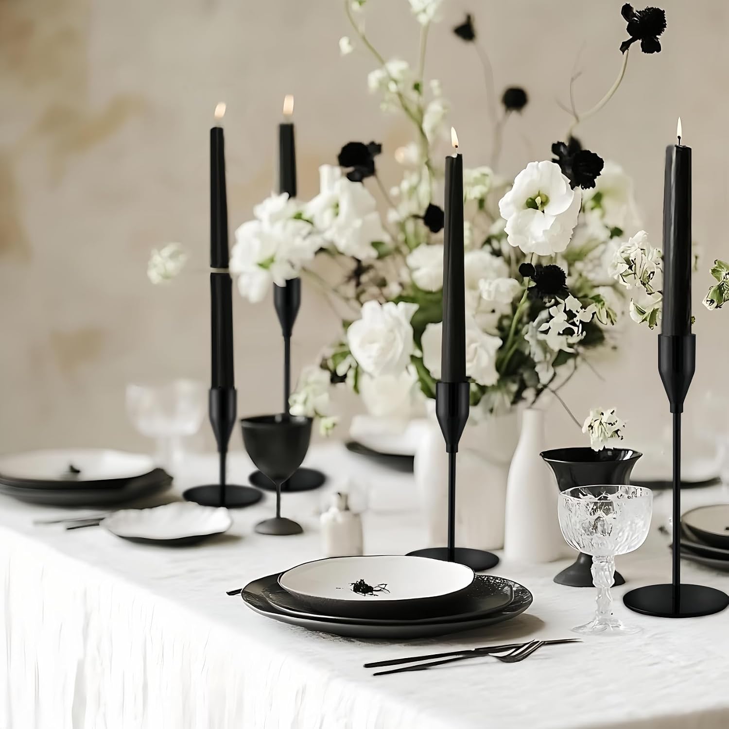 Black Candlestick Holders, Metal Taper Candle Holders,Bulk Set of 15 | Elegant matte black candle stands, 3 heights