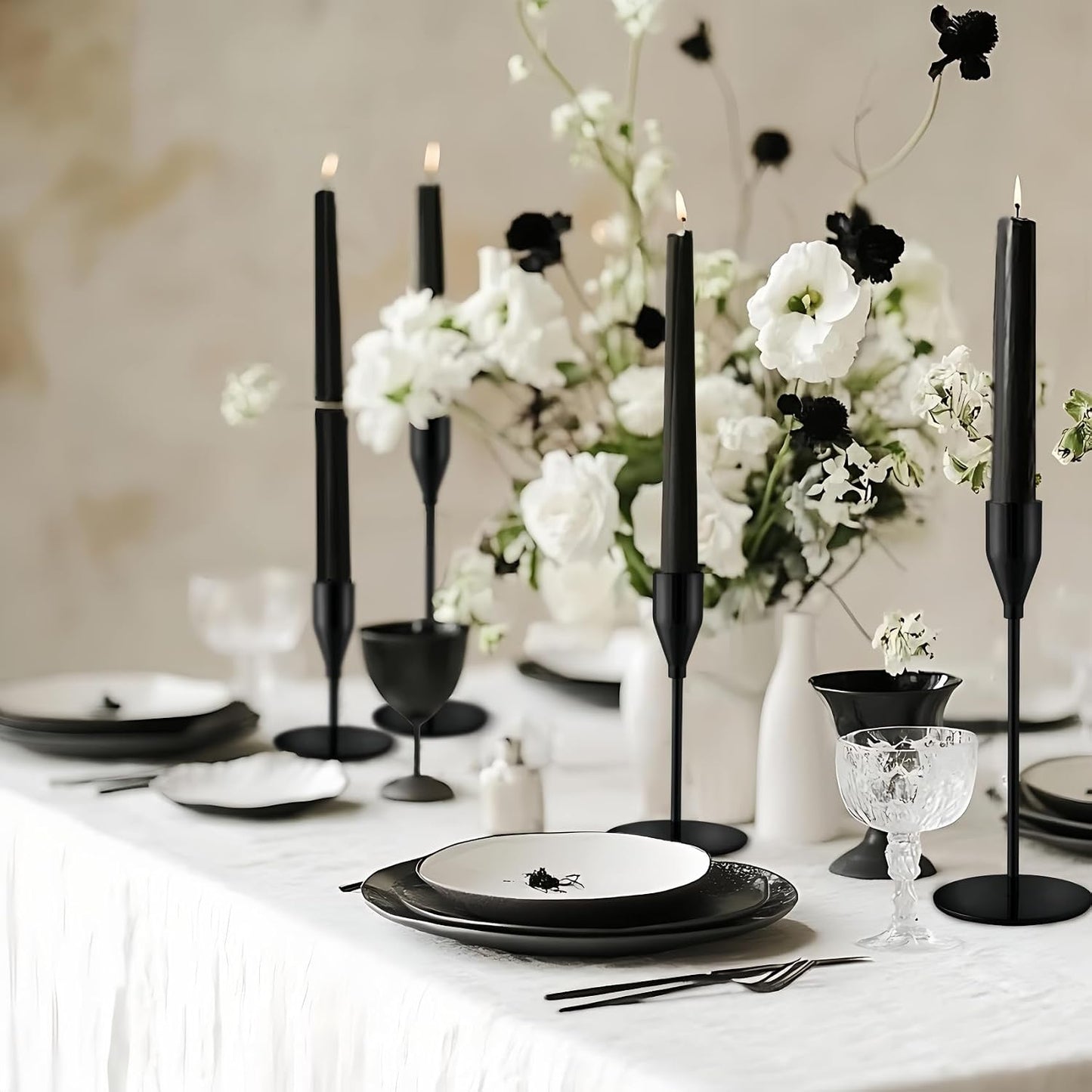 Black Candlestick Holders, Metal Taper Candle Holders, Set of 6 | Elegant matte black candle stands, 3 heights, for