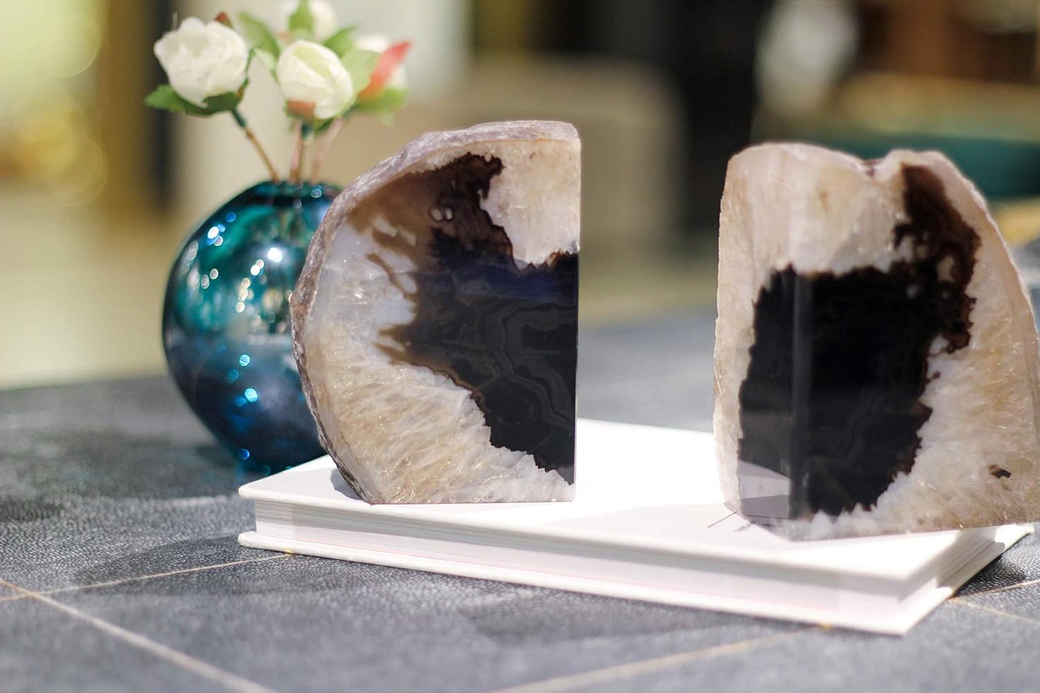 Black Agate Geode Bookends 2-3 Lbs Anti-Slip Rubber Pads Heavy Duty / 2-3LBS. / Black Dyed