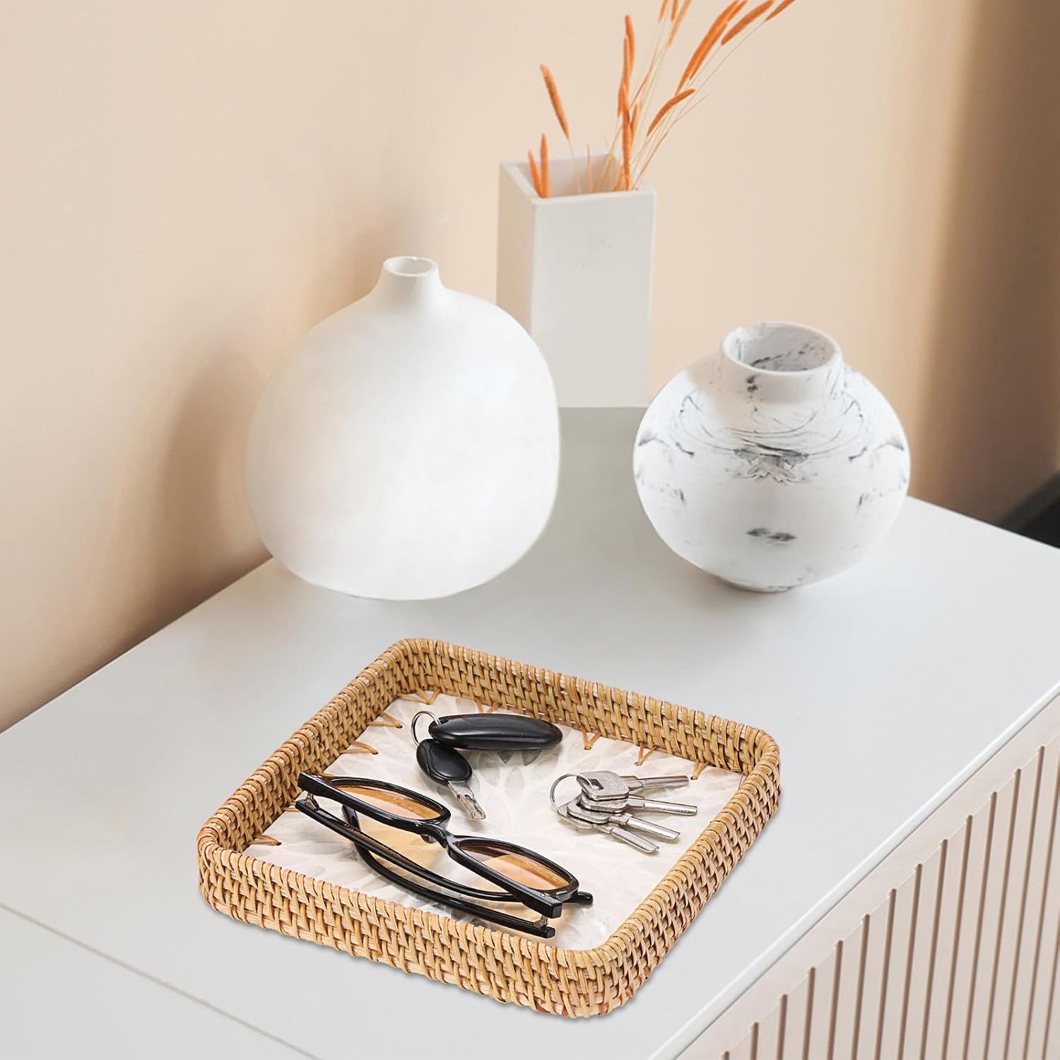 Handwoven Rattan Key Bowl Natural Wicker Serving Tray / 8.3 x 8.3 x 1.6 / White