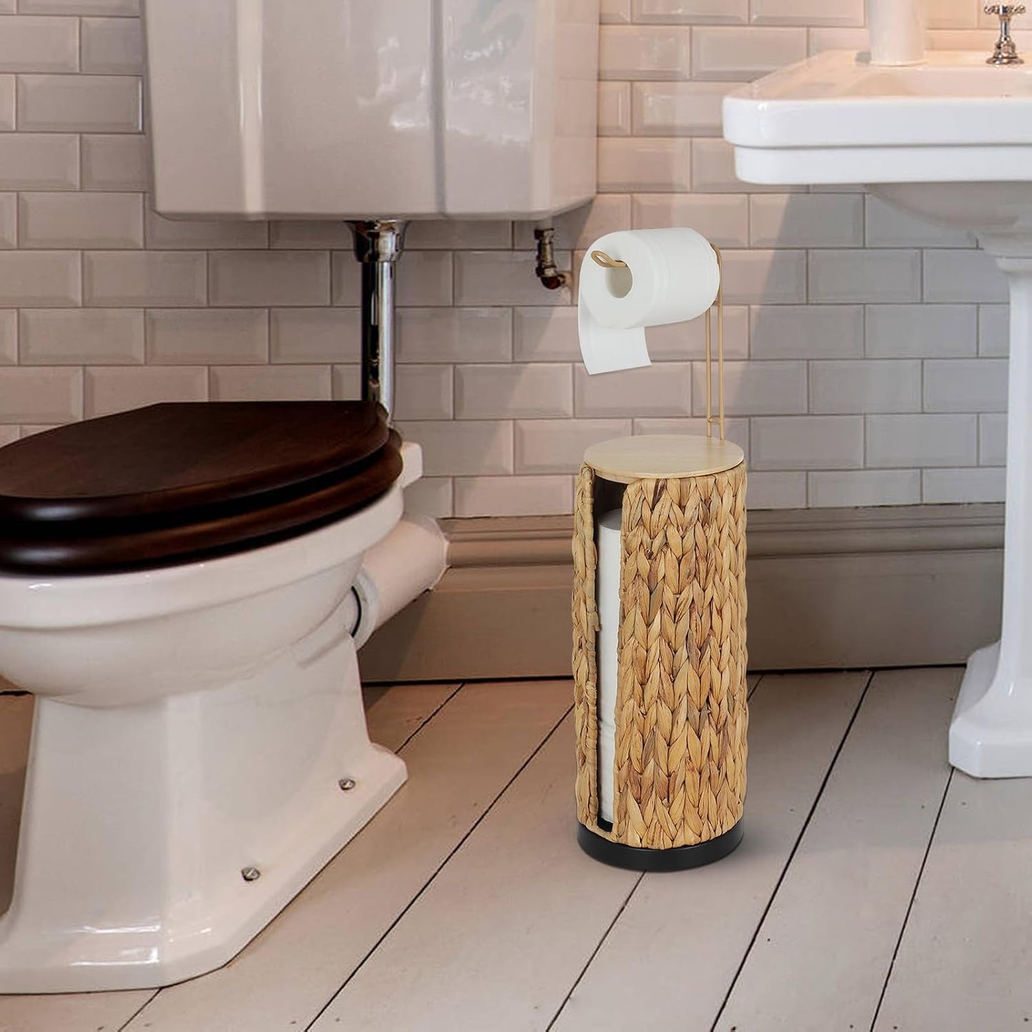 Freestanding Toilet Paper Holder with Storage,3 Rolls of Tissue Holder for Bathroom,Handmade Woven Toilet Paper Roll