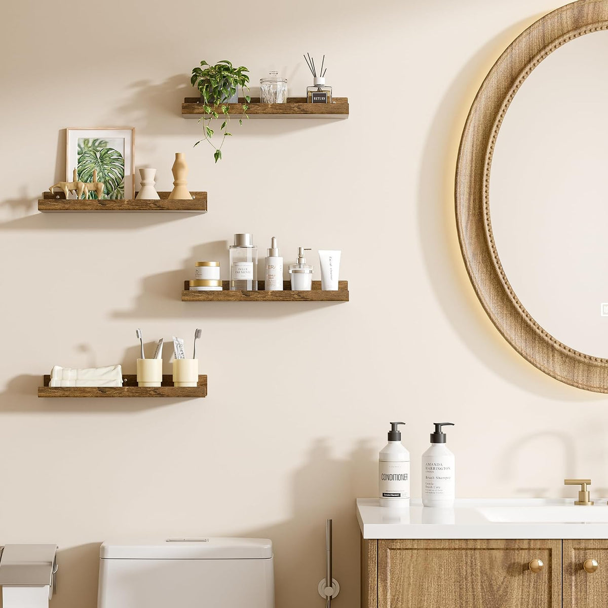 upsimples 4 Pcs 15" Acrylic Shelves for Wall Decor and Display, Rustic Wood | Cute Floating Shelf for Perfume