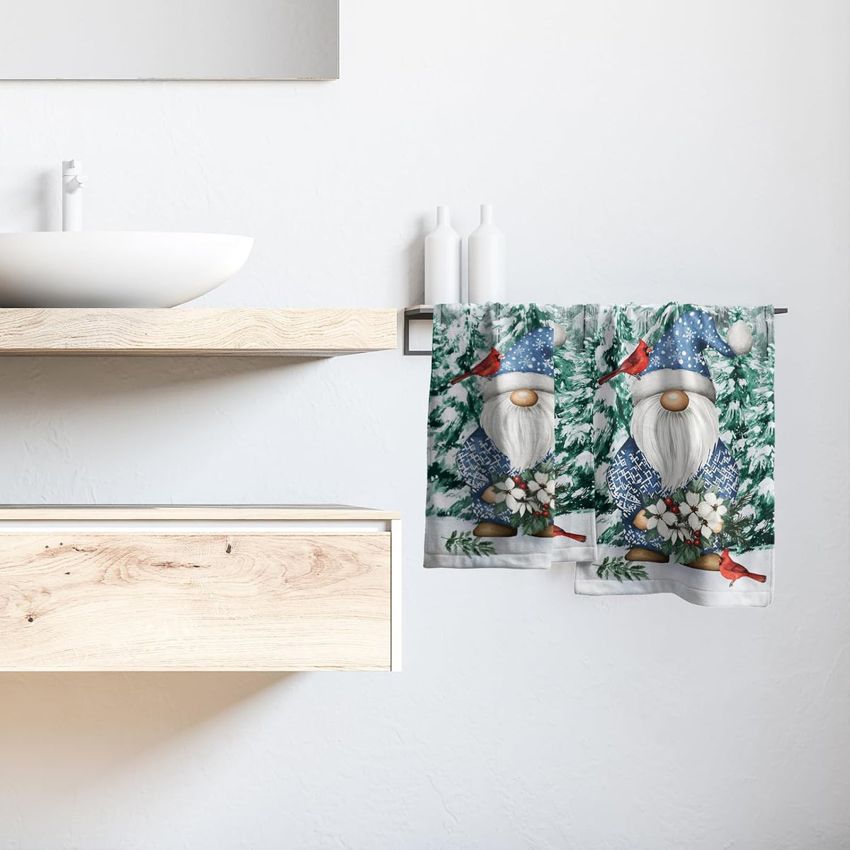 Winter Gnome Hand Towels Set of 2 Pine Tree Small Absorbent Bathroom Towels Soft Guest Face Towel Thin Kitchen