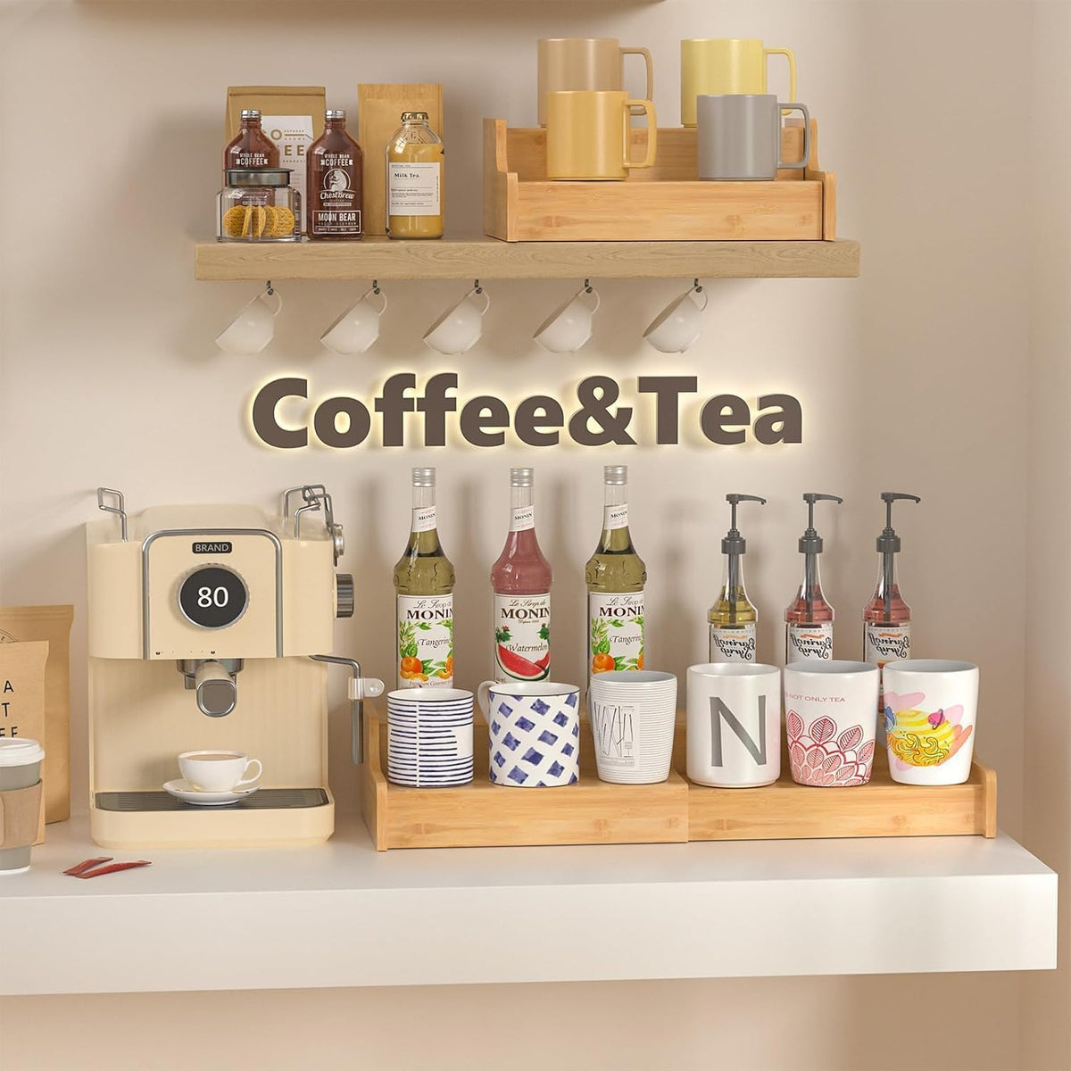 Hongtamoya 2-Tier Expandable Bamboo Coffee Mug Holder, Mug Organizer for Kitchen Cabinets, Mug Cup Rack