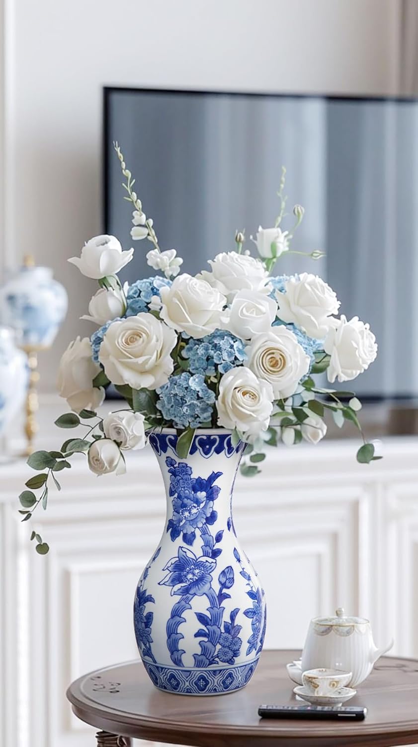 White Ceramic Vase / # Simple Floral Texture / Blue / 11 Inch