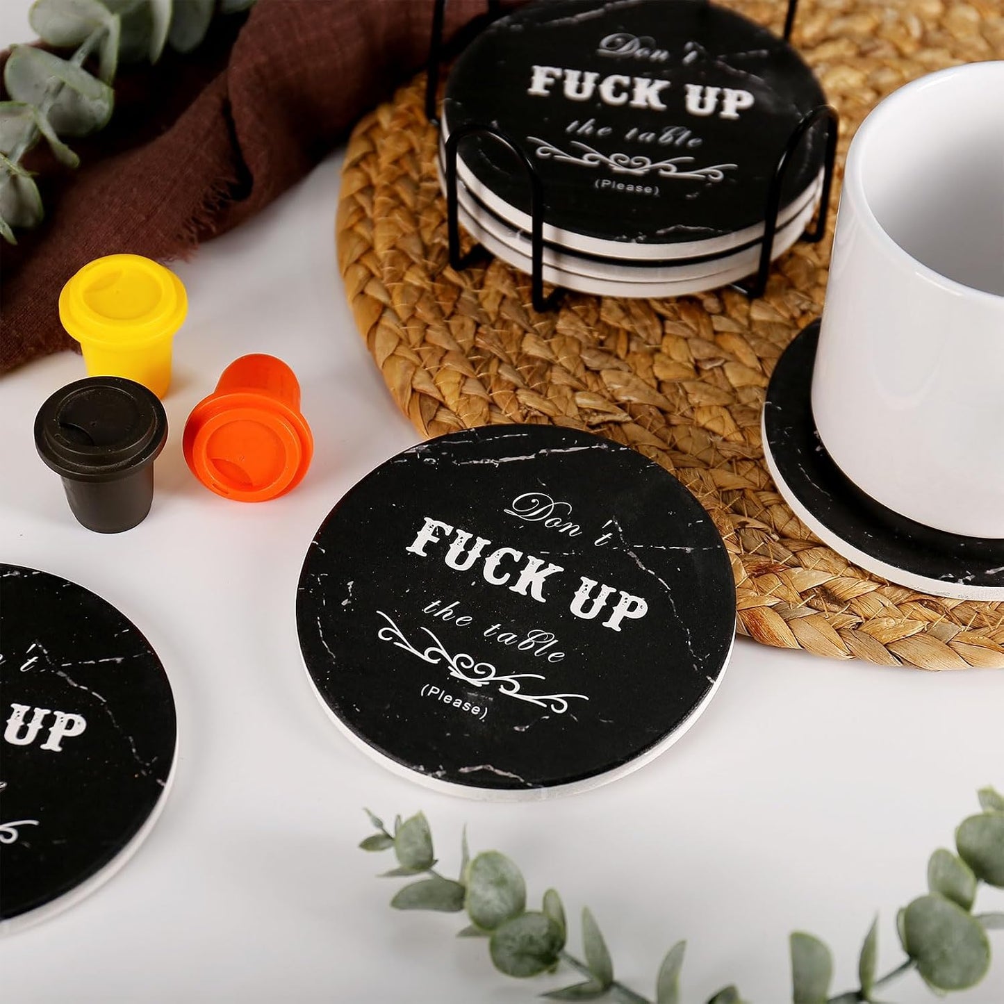 Holder / Rustic Marble Coasters / Round-black, 6 / Set of 6