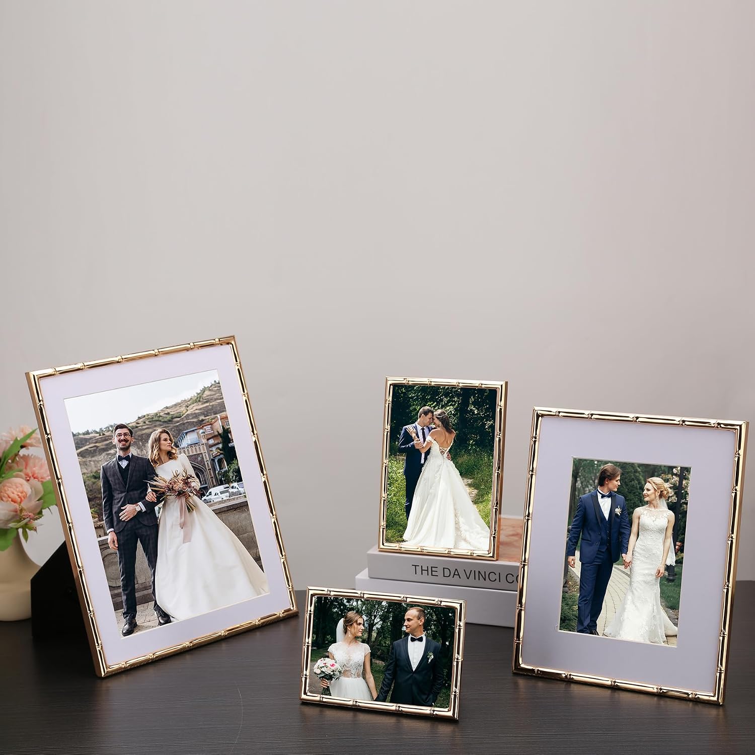 YiPinYin 8x10'' Bamboo Detail Gold Metal Picture Frame with Acid Free Mat for 5x7'' Set of 2,Narrow Gold Plated Photo