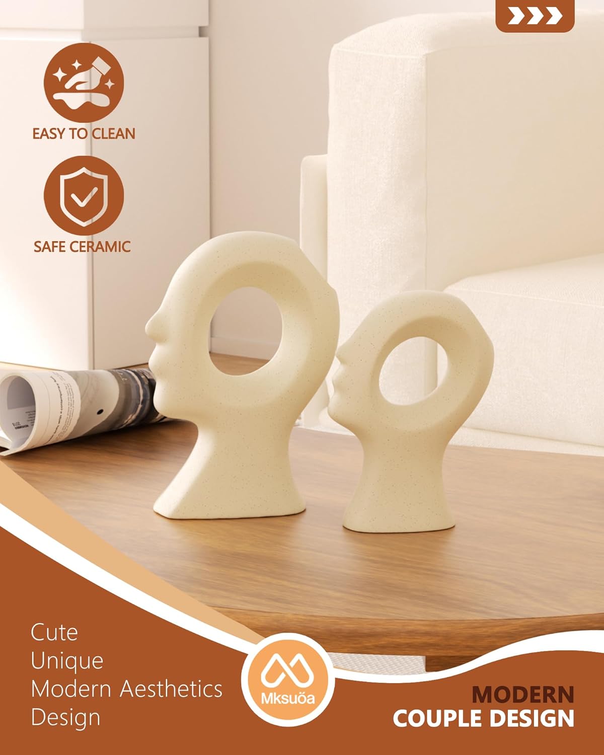 Ceramic Figurines / Couple Decorative Statues Set / Beige White