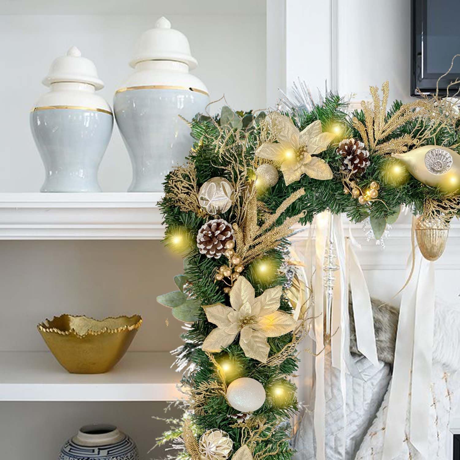 WANNA-CUL Pre-Lit 6 Feet/72 Inch Christmas Garland for Front Door with Lights Champagne Gold Christmas Mantel Garland