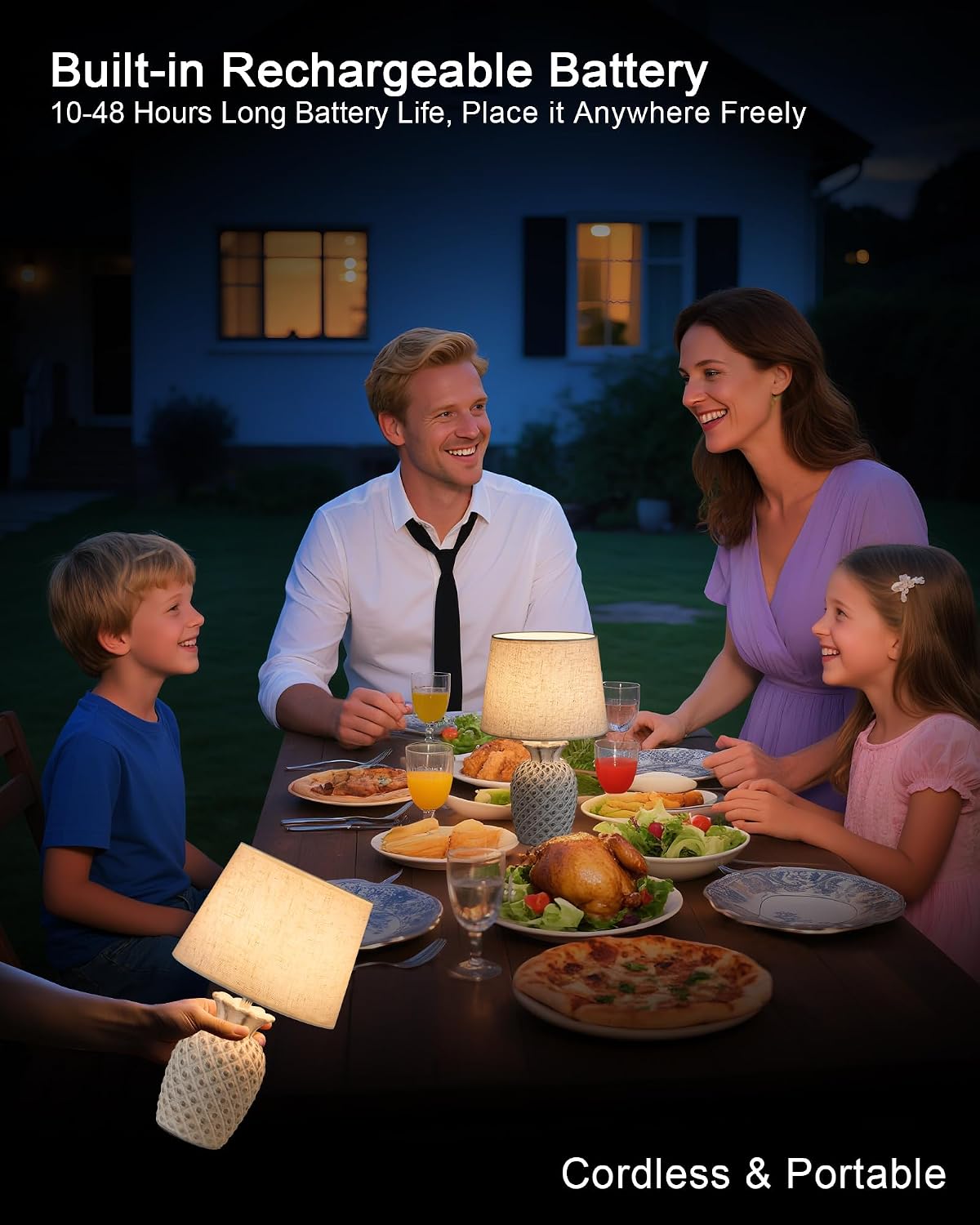 UMEXUS 13" Small Rechargeable Cordless Table Lamp, Pineapple Ceramic Base | Battery Powered, Remote Control Timer