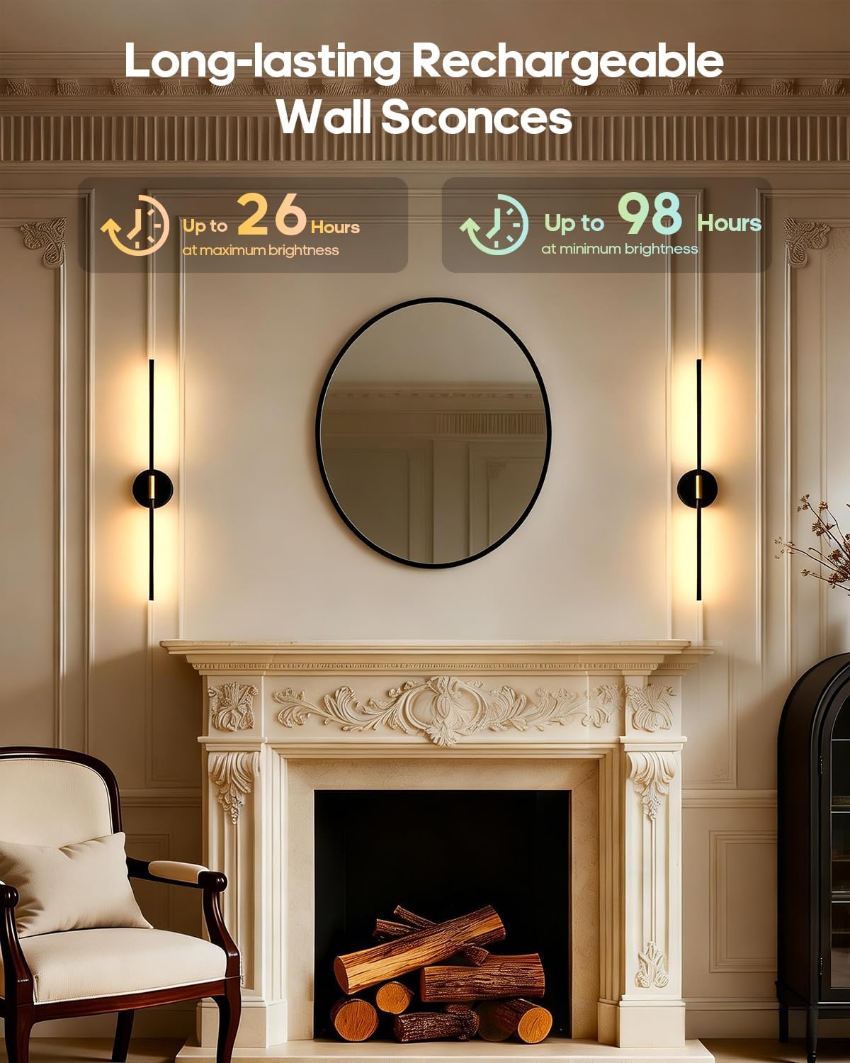 GOODEA Peel and Stick Wall Sconces, Battery Operated Wall Sconces Set of 2 | 28.3 inch LED 3000K Rechargeable &